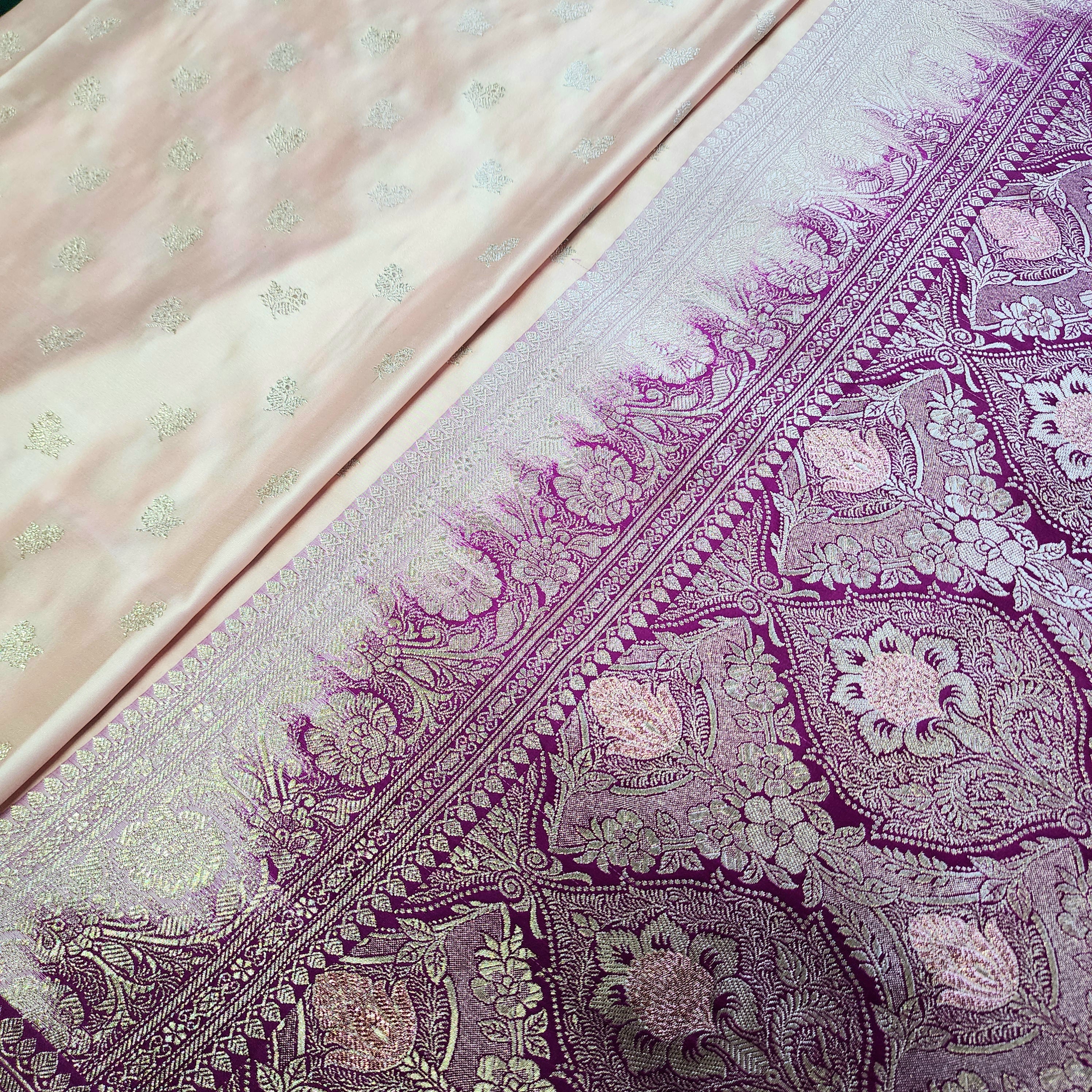 Pastel Pink Pure Banarasi Katan Silk Saree with Magenta Border