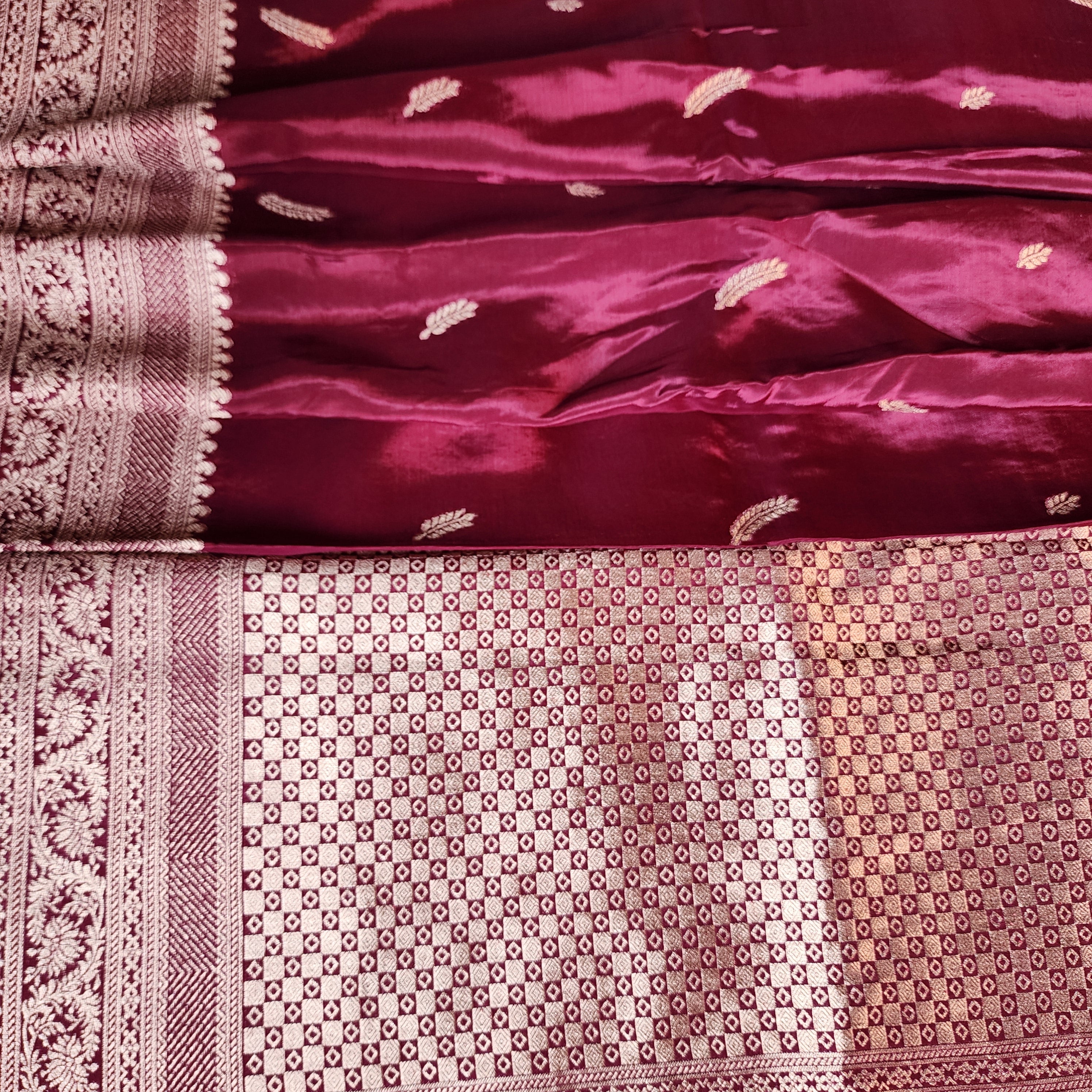 Wine Pure Crepe Silk Saree with Silver Zari Border