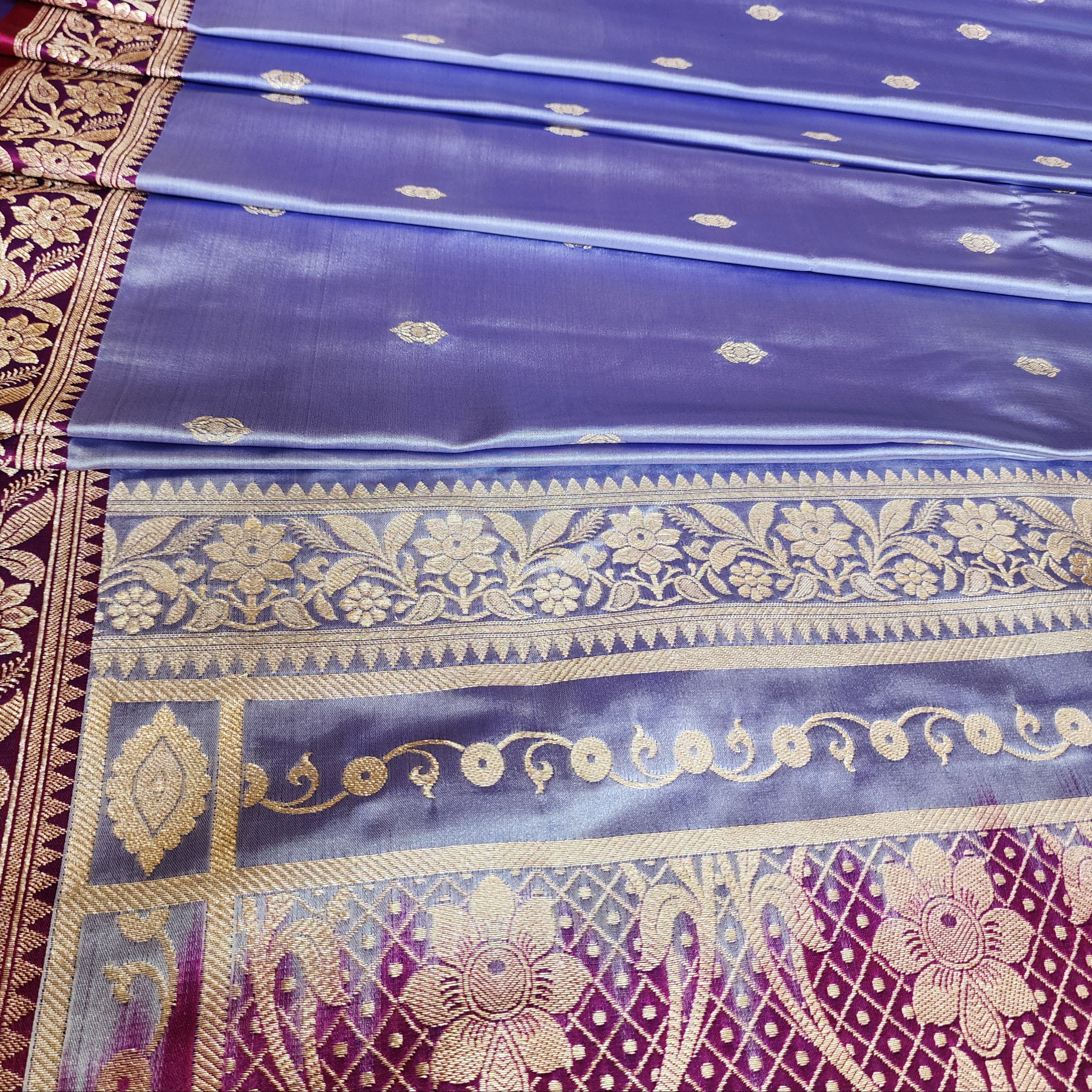 Periwinkle Katan Silk Saree with Magenta and Gold Zari Border