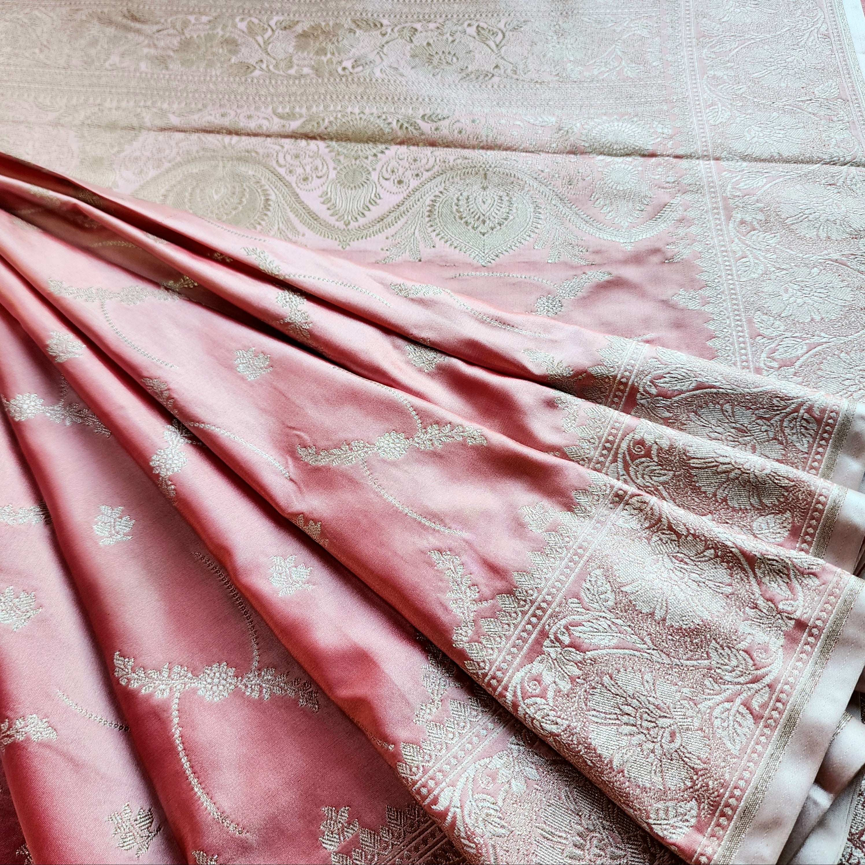 Pastel Baby Pink Banarasi Katan Silk Saree with Light Gold Zari weaving