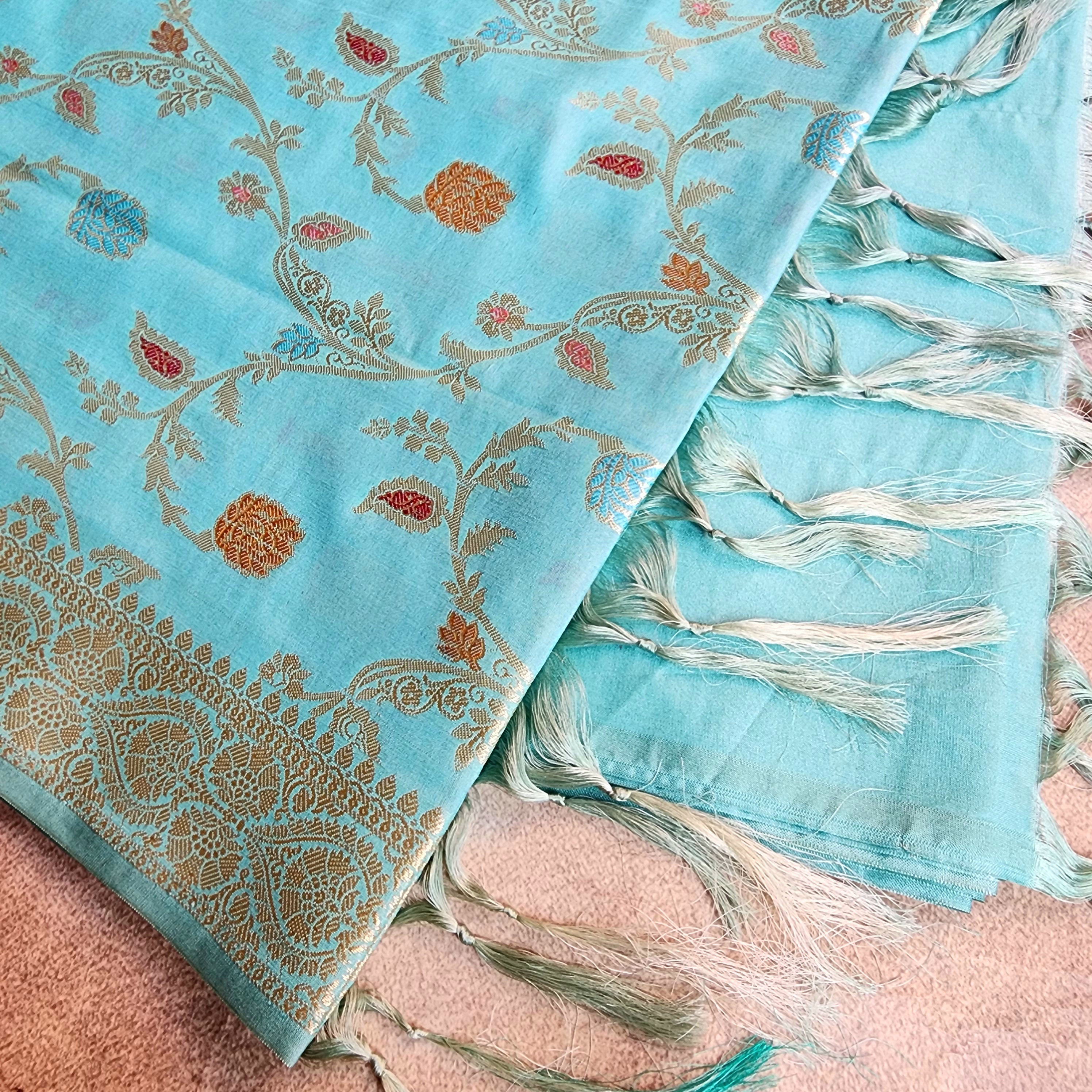 Pastel Sky Blue Banarasi Silk Dupatta with Gold Zari Border & Multicolor Meenakari Work