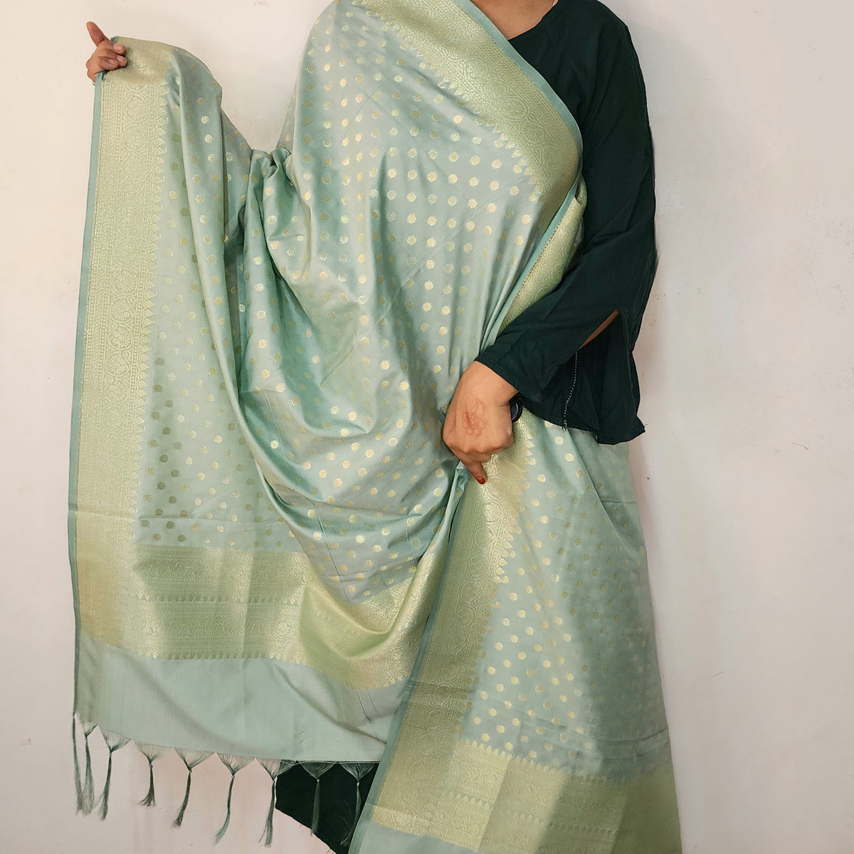 Aqua Blue Banarasi Silk Dupatta with Gold Polka Dot