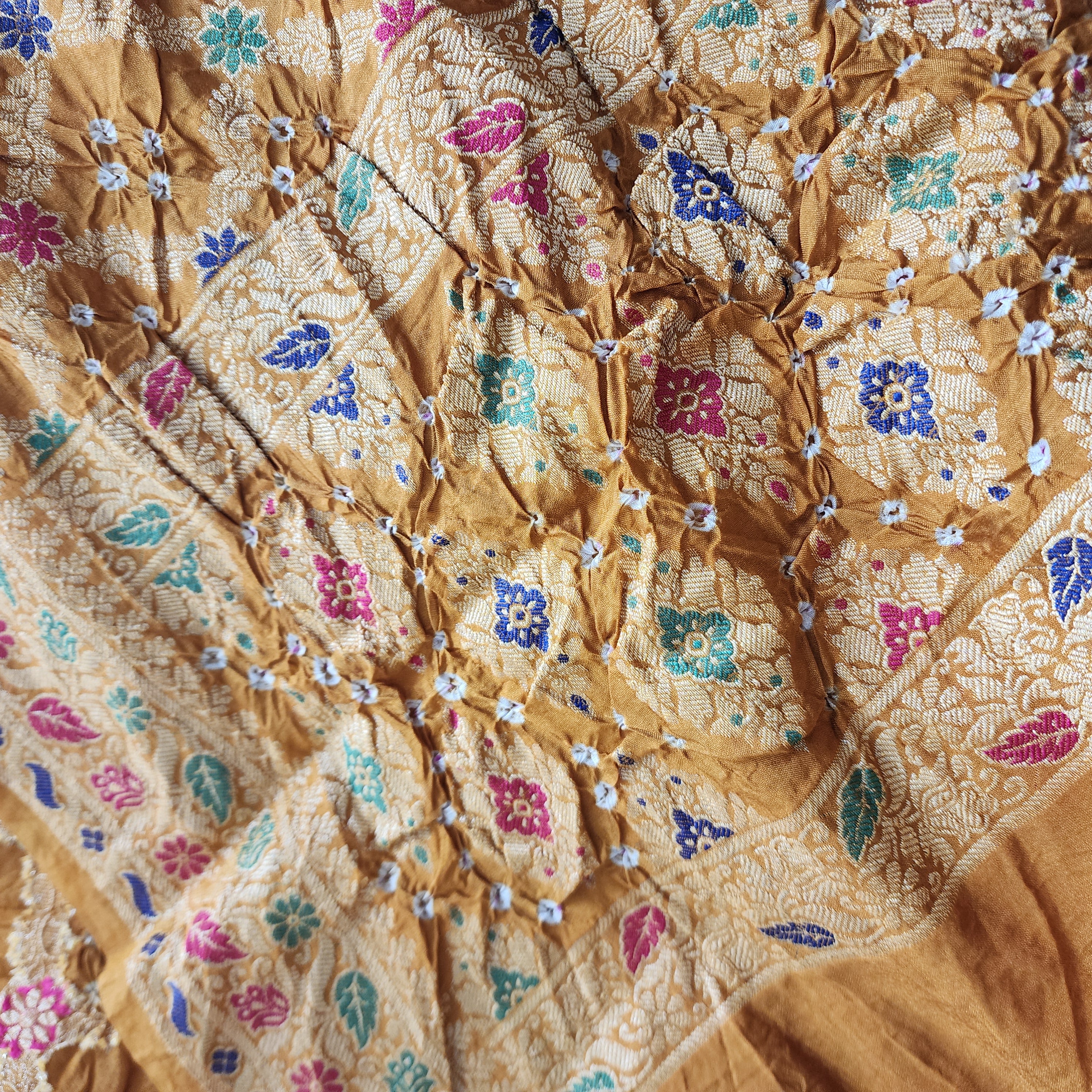 Mustard Yellow Bandhni dupatta with Banarasi Meenakari work