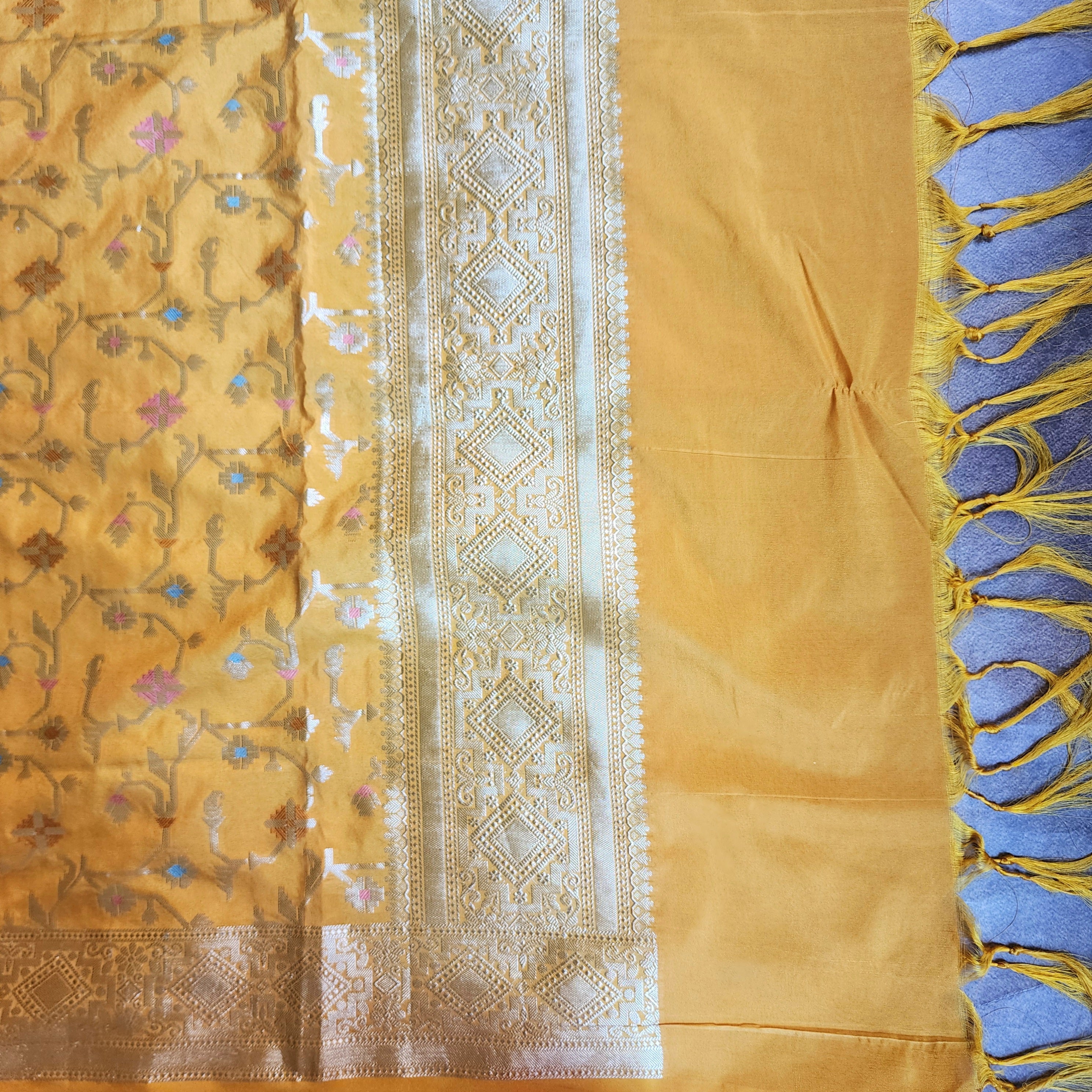Golden Grid Banarasi Silk Dupatta with Meenakari Work in Mustard Yellow