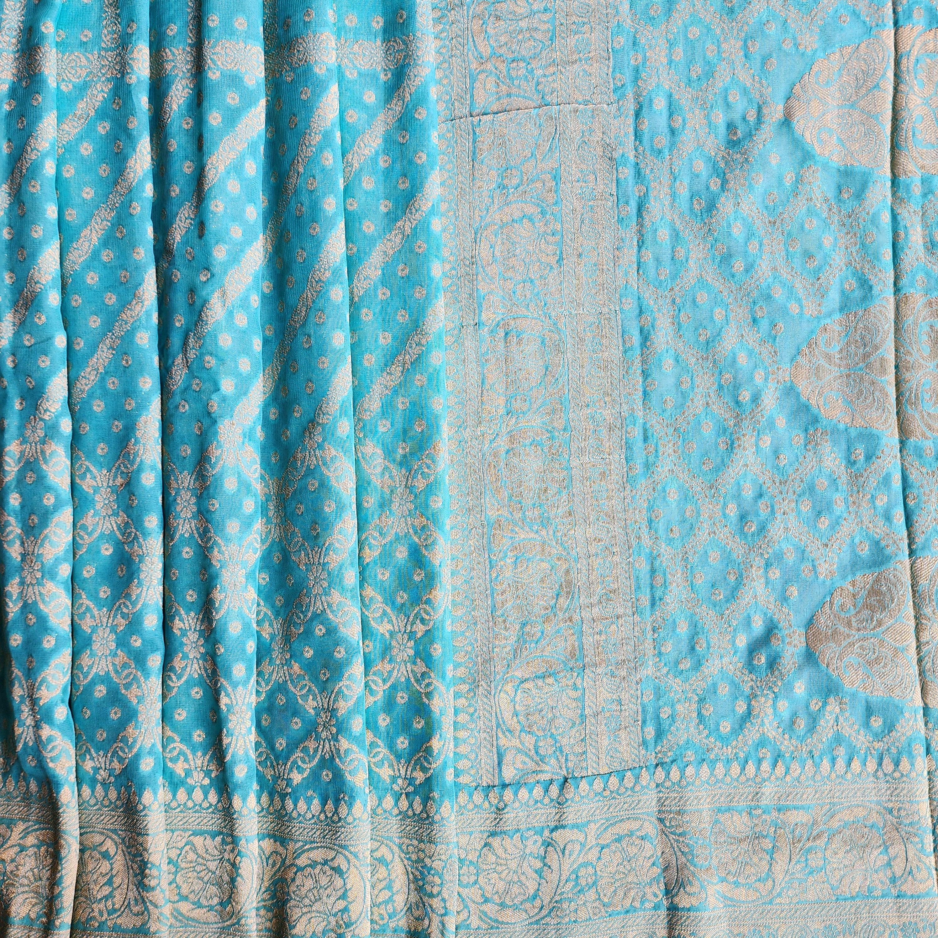 Turquoise Pure Khaddi Georgette Banarasi Saree with Golden Zari