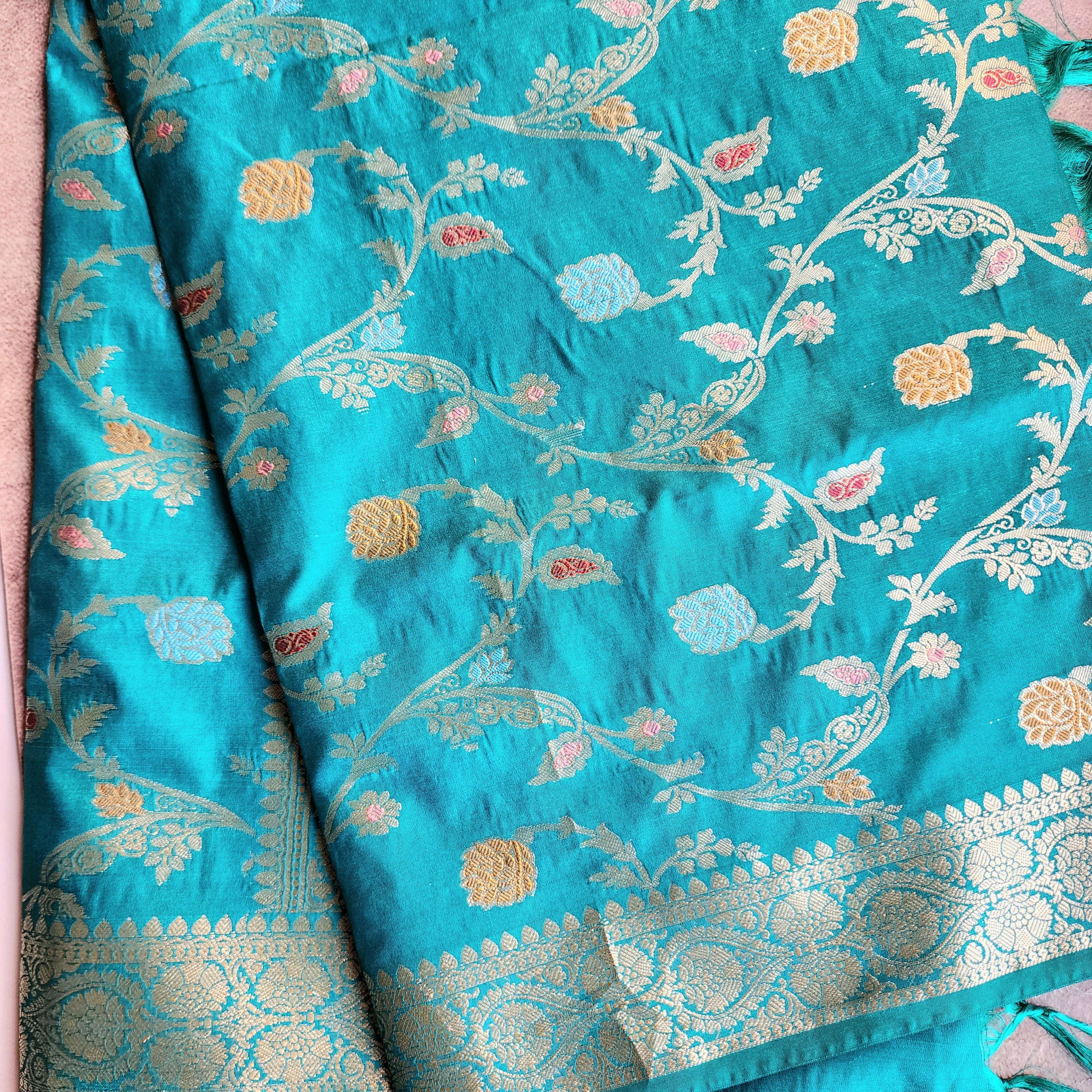 Teal Green Banarasi Silk Dupatta with Gold Zari Border & Multicolor Meenakari Work