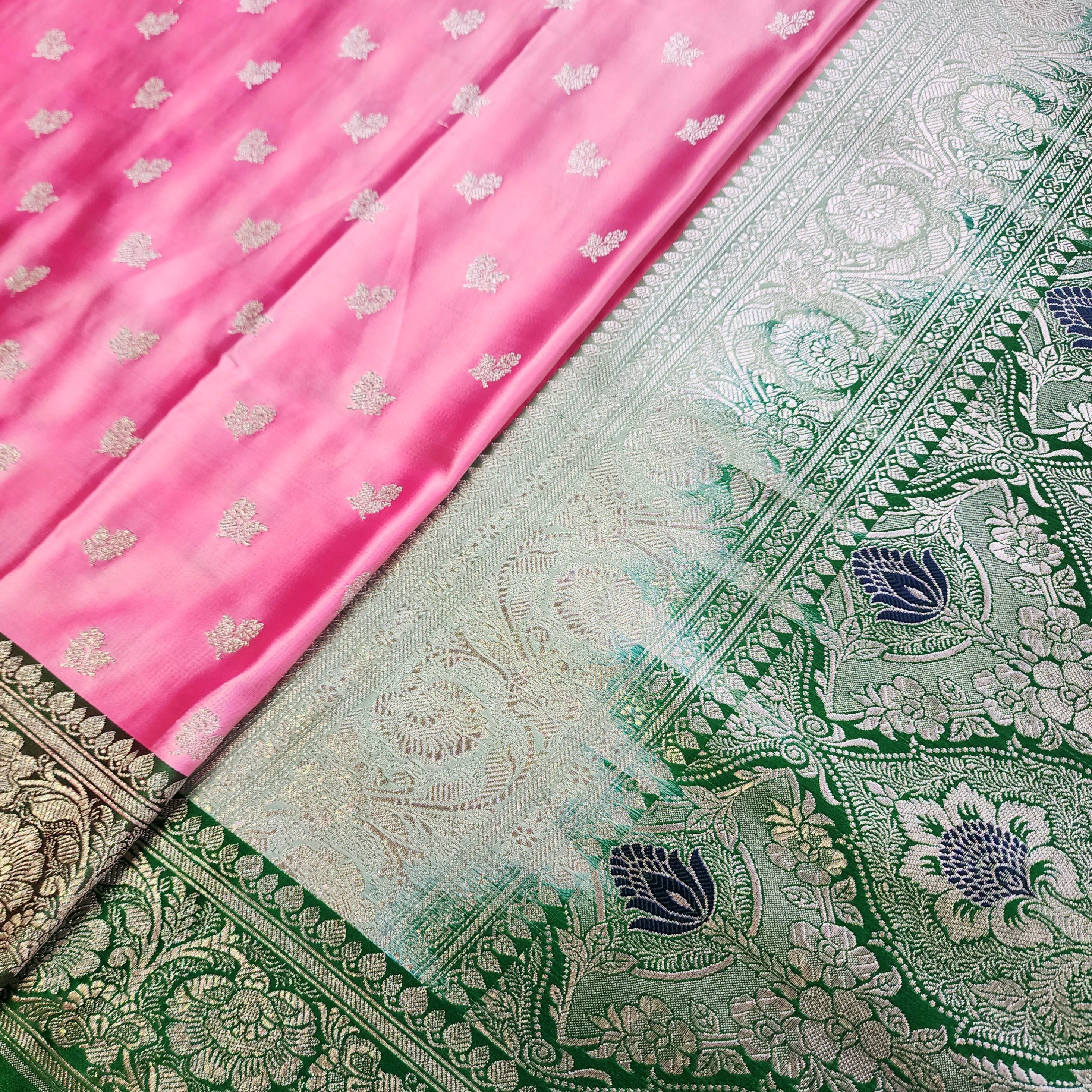 Rose Pink Pure Banarasi Katan Silk Saree with light Gold Zari Weaving