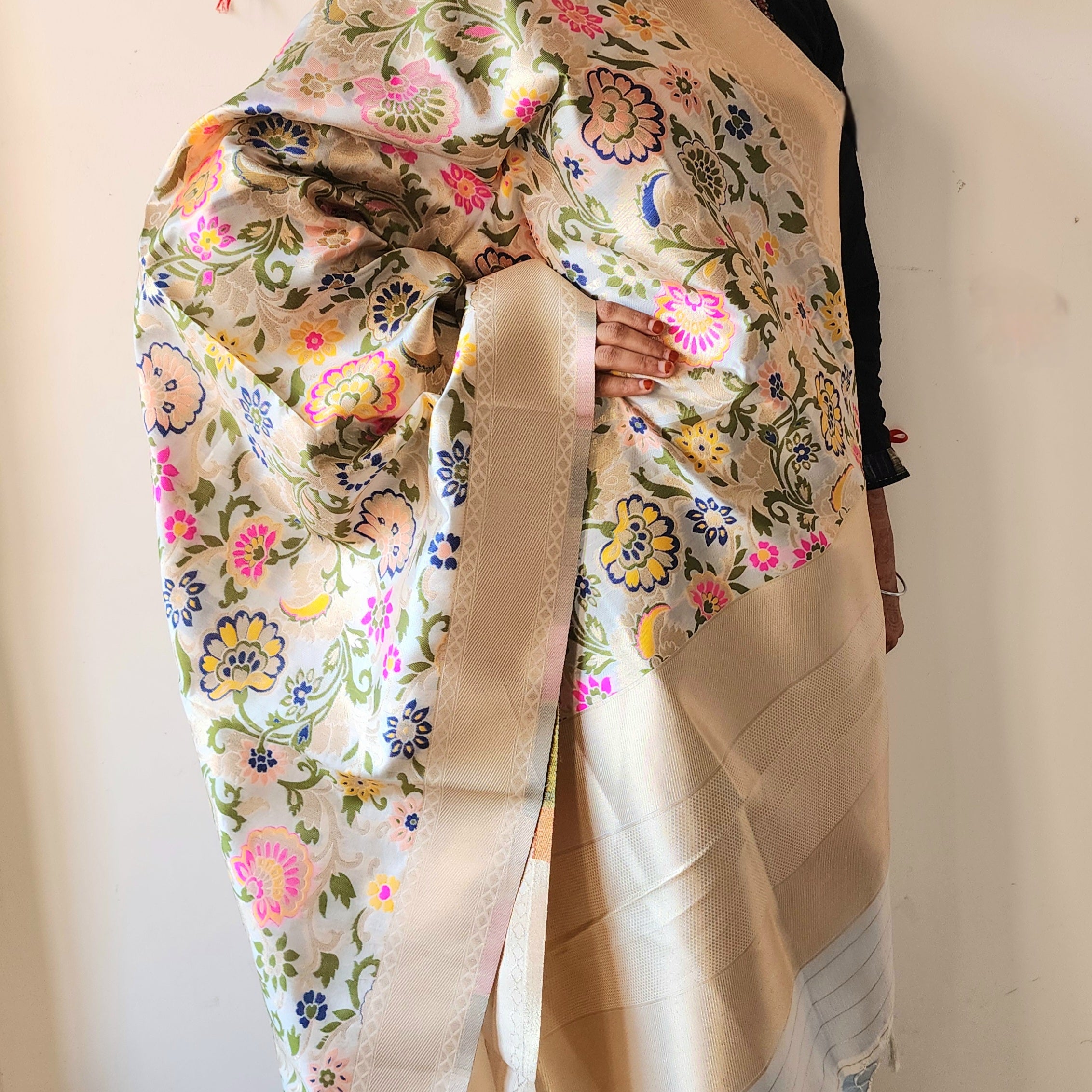 Banarasi Silk Off-White Dupatta with Multicolor & Gold Floral Handweaving