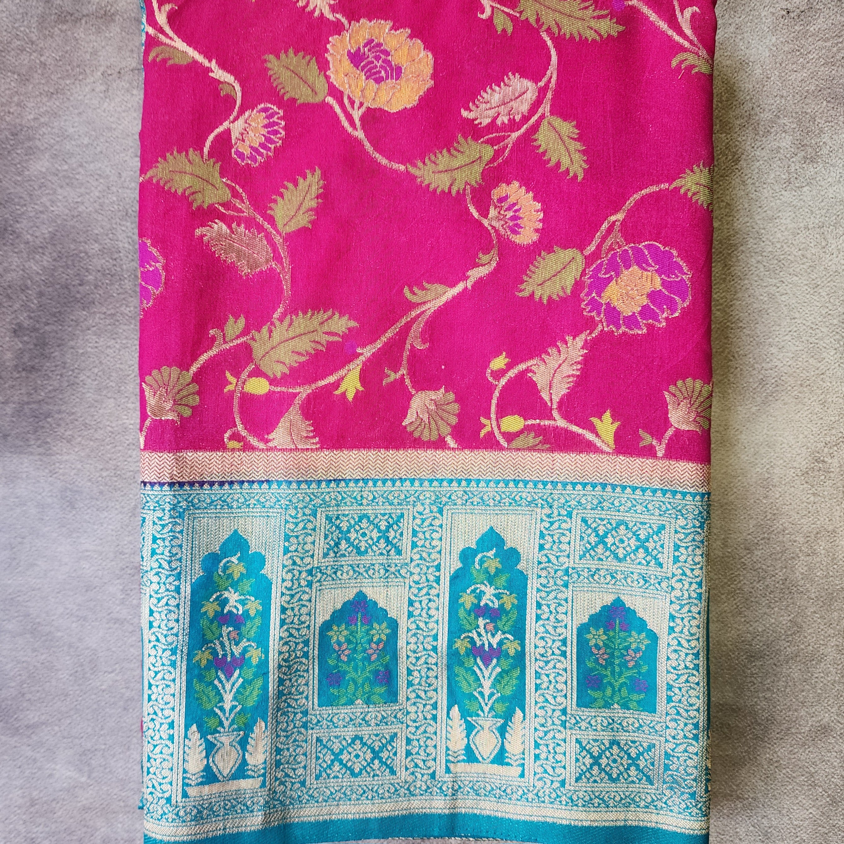 Rani Pink Dupion Patola with Turquoise Blue Border & Heavy Gold Zari