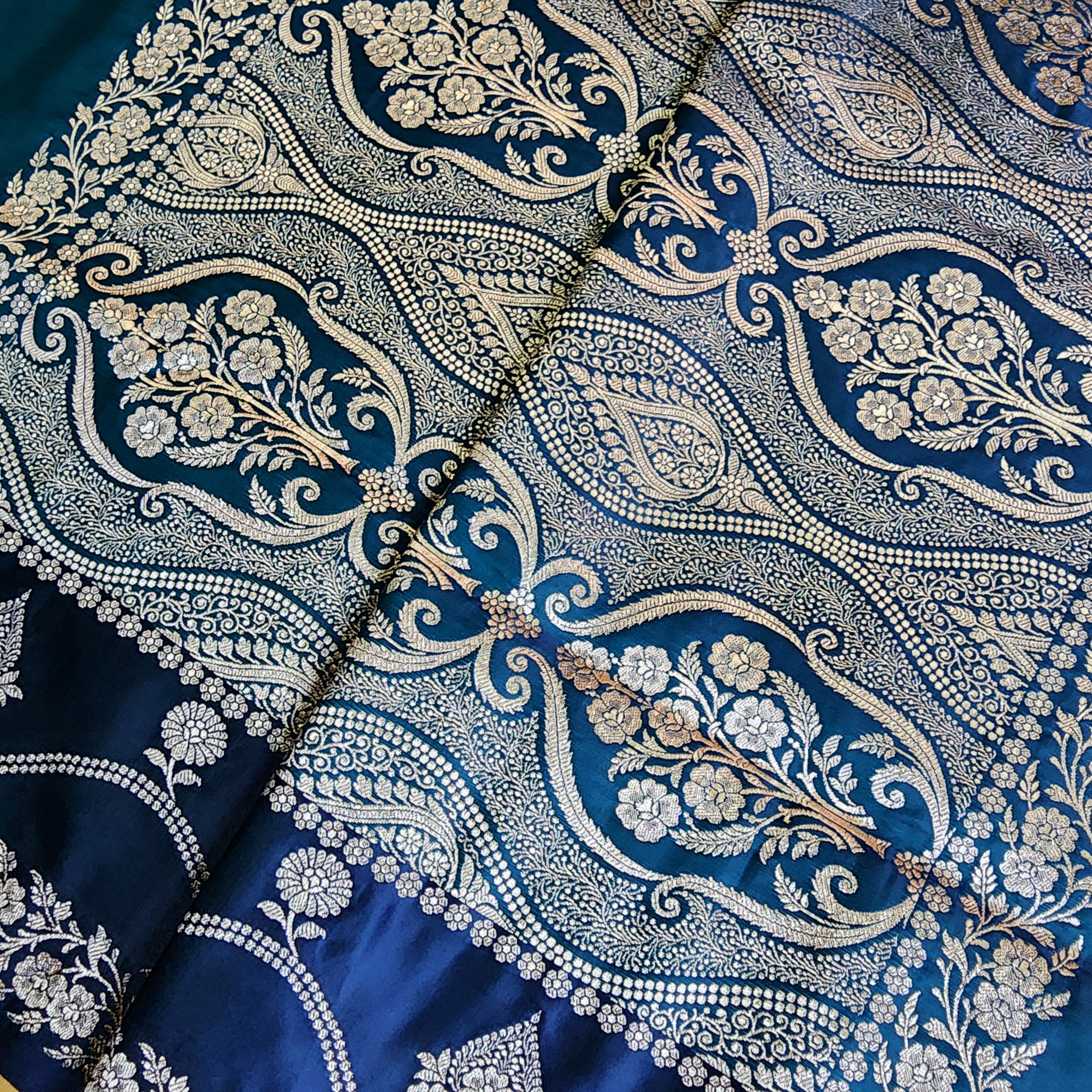 Dual-Tone Peacock Blue Pure Banarasi Katan Silk Saree