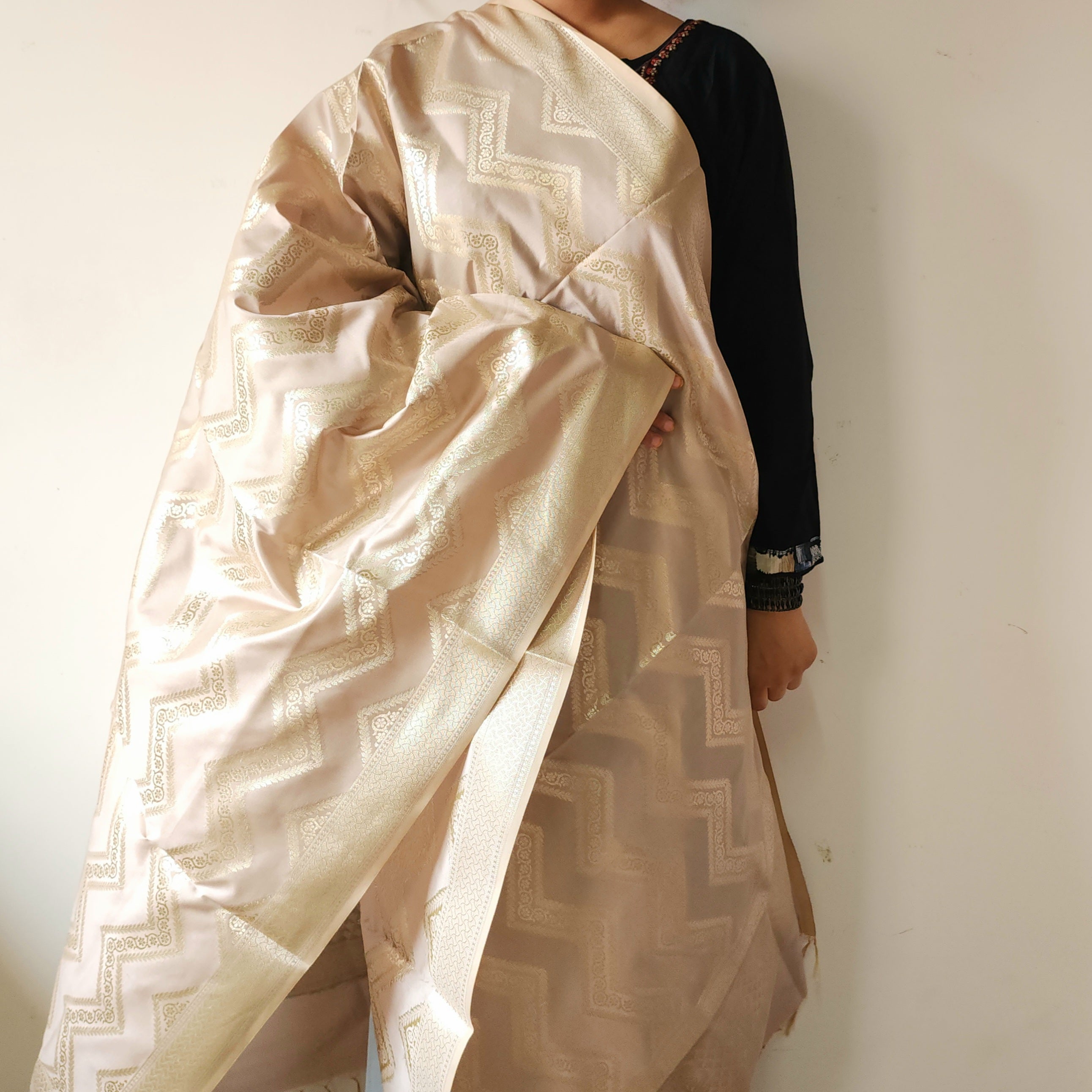 Light Mushroom Banarasi Dupatta with Golden Zigzag Pattern