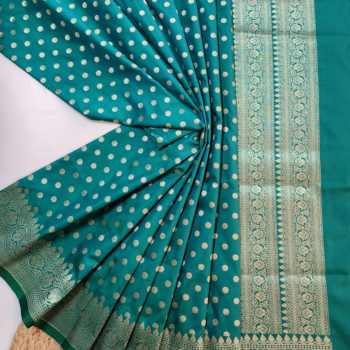 Teal Green Banarasi Silk Dupatta with Gold Polka Dot