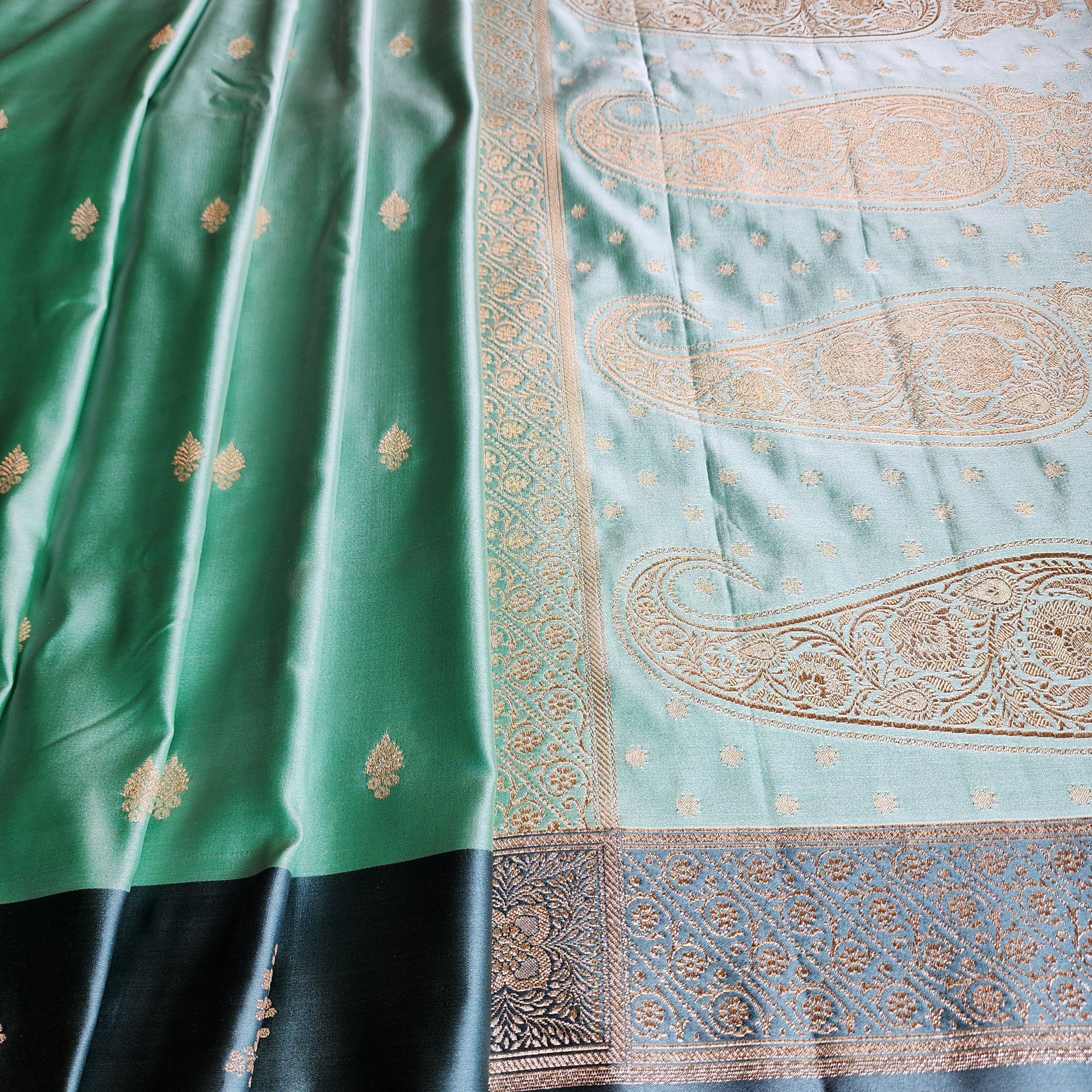 Sea Green Katan Silk Saree with Peacock Green Gold Zari Border
