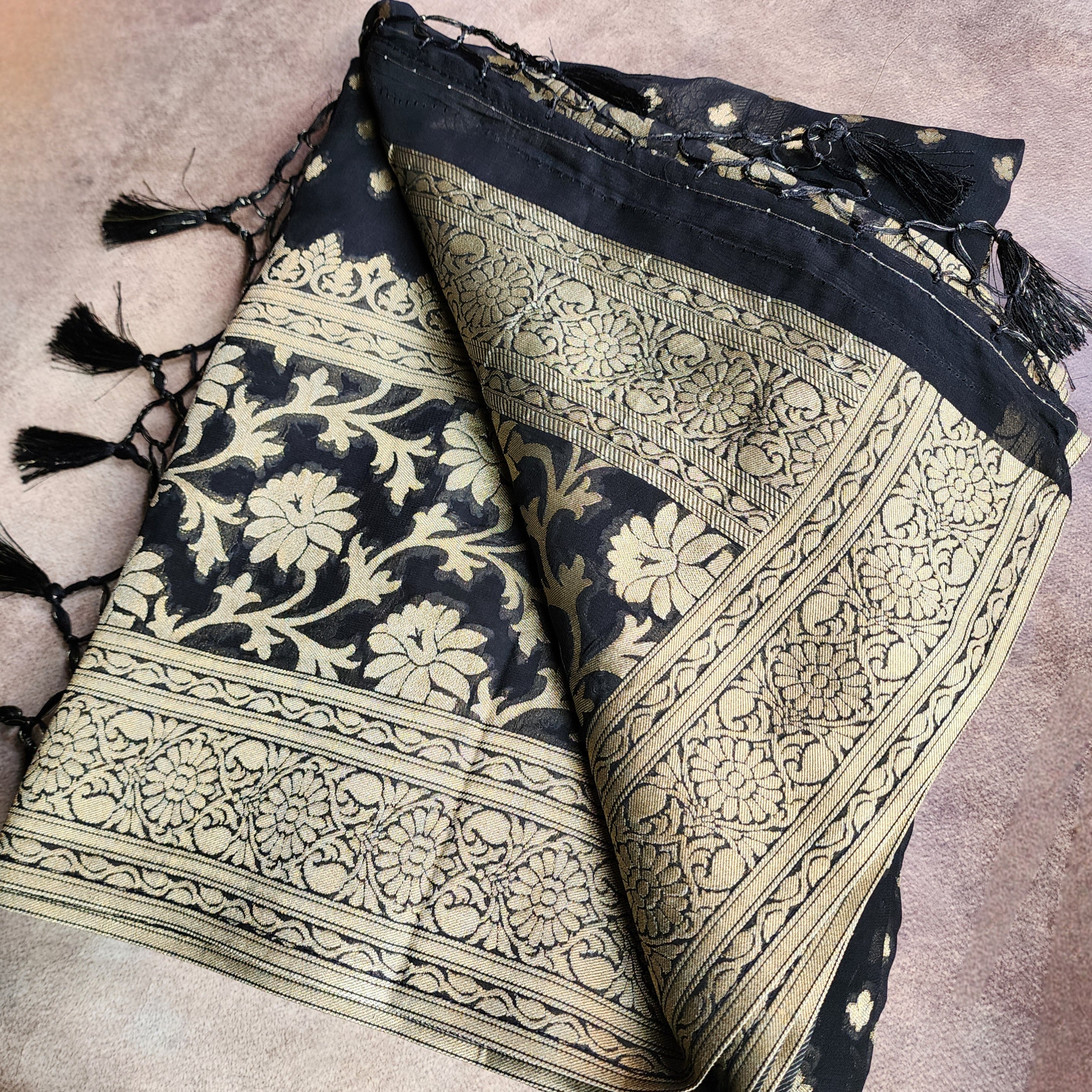 Elegant Black Khaddi Georgette Pure Banarasi Saree with Exquisite Golden Zari