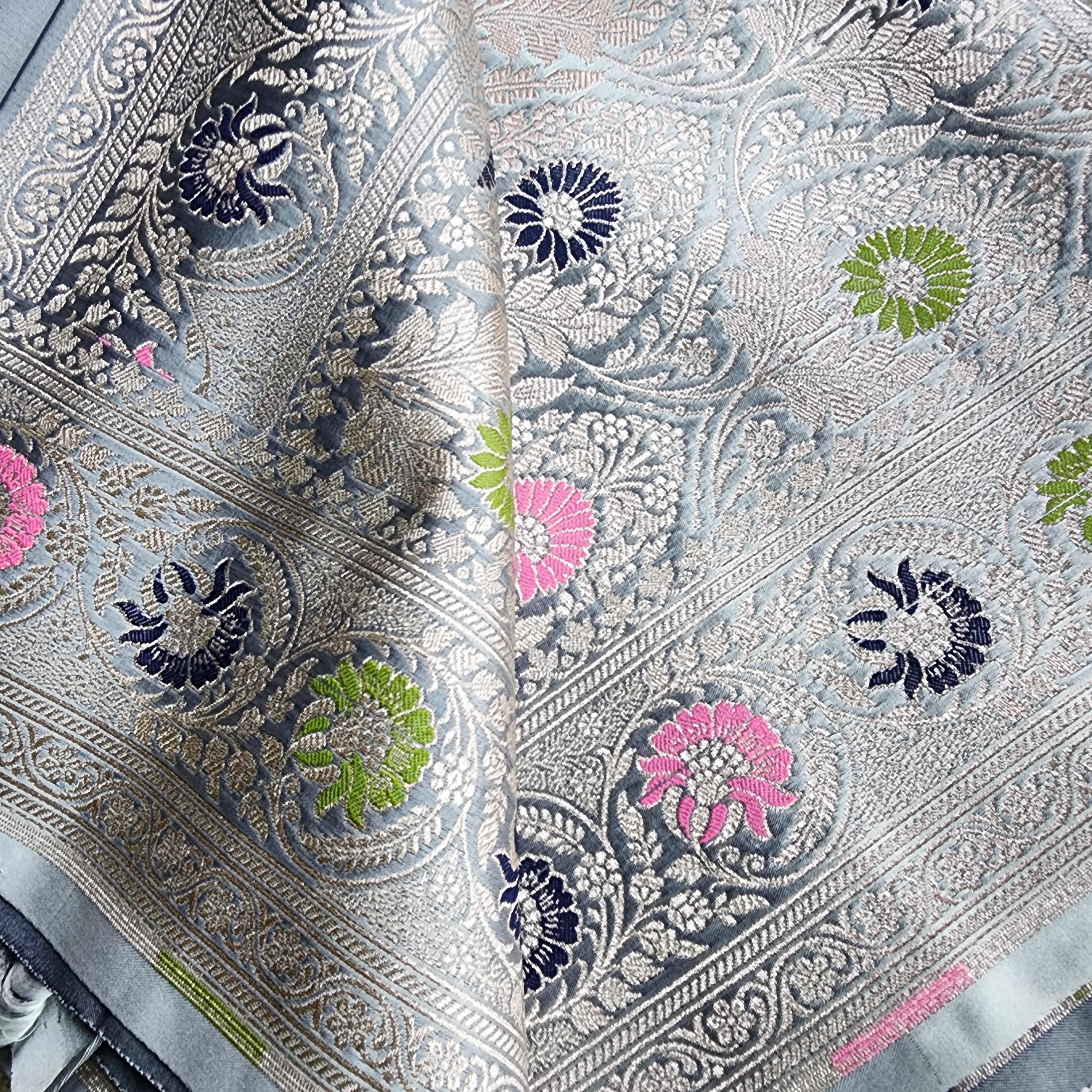 Enriched Dusky Blue Banarasi Katan Silk Saree with Multicolor Meenakari Floral Jaal