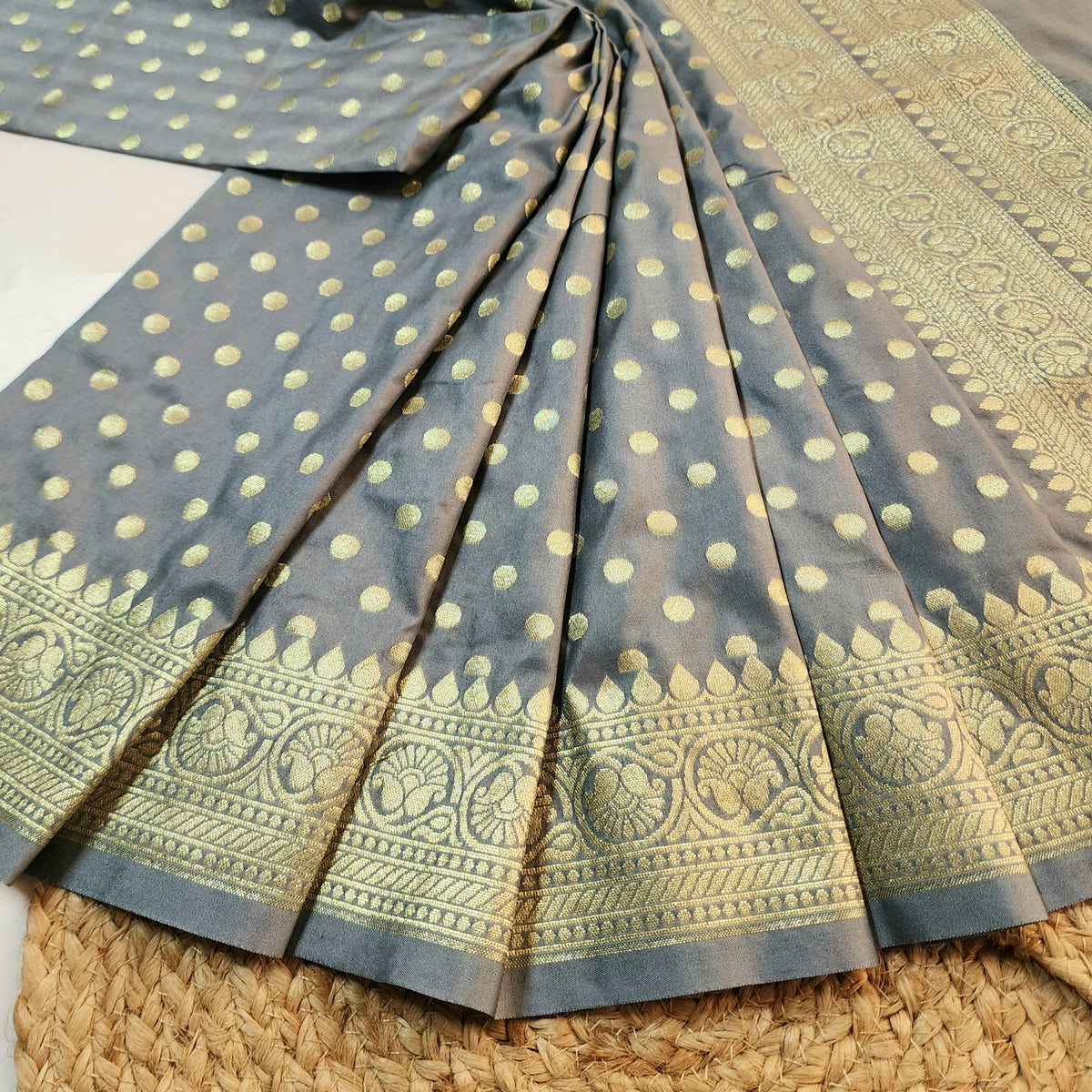 Slate Blue Banarasi Silk Dupatta with Gold Polka Dot