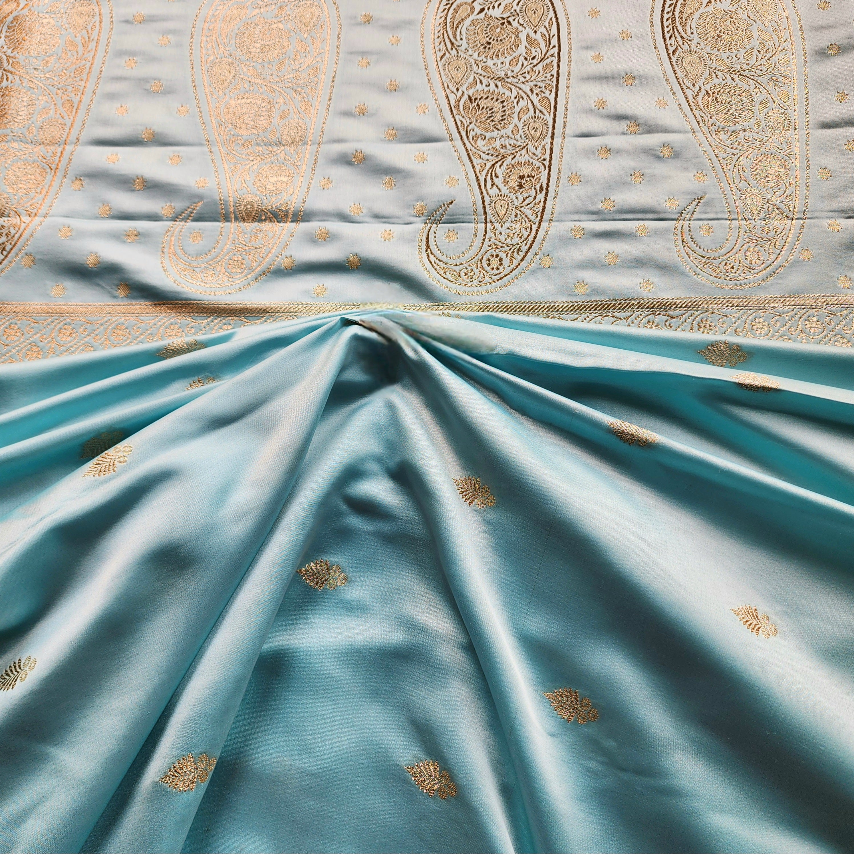 Powder Blue Katan Silk Saree with Rust Orange Gold Zari Border