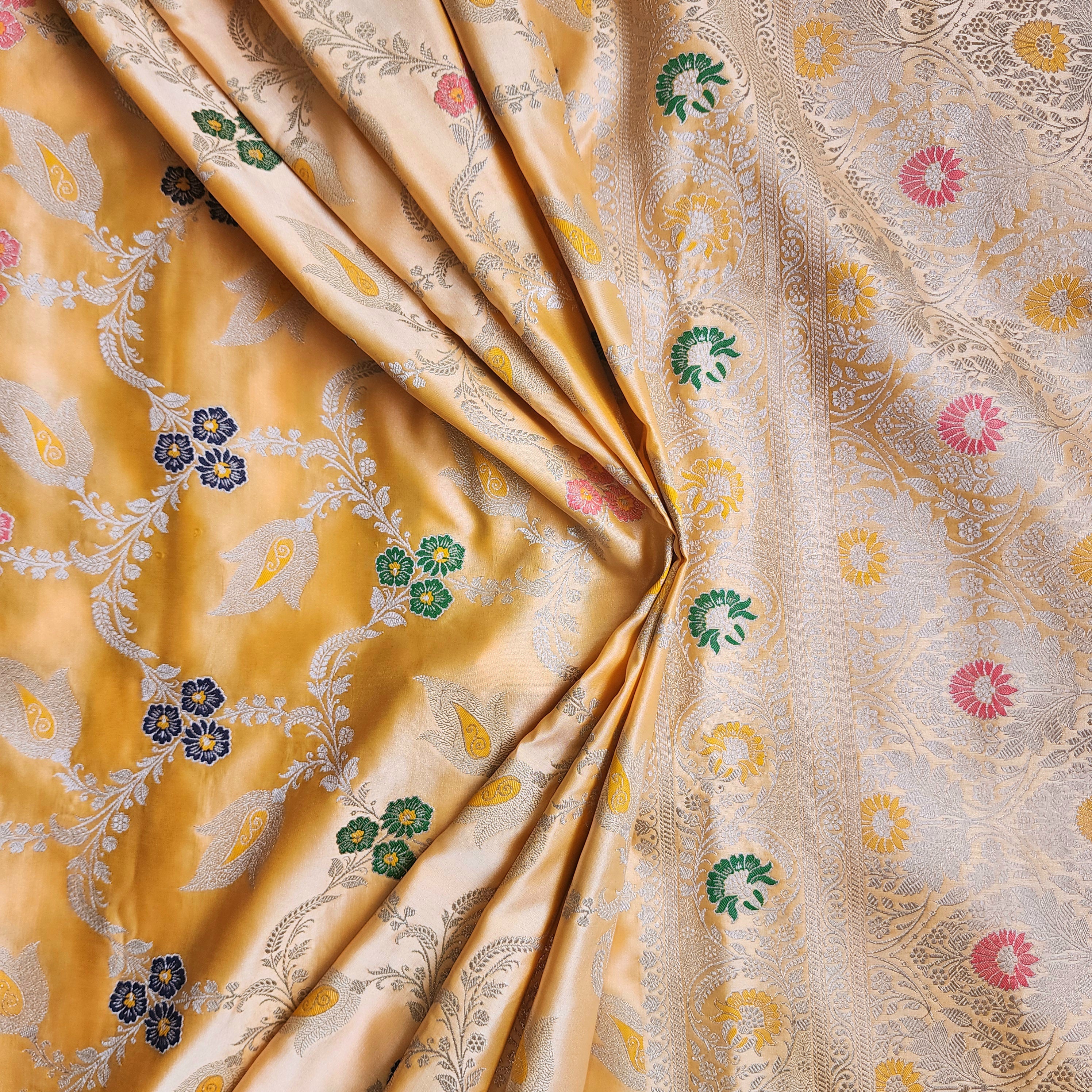 Enriched Light Orange Banarasi Katan Silk Saree with Multicolor Meenakari Floral Jaal