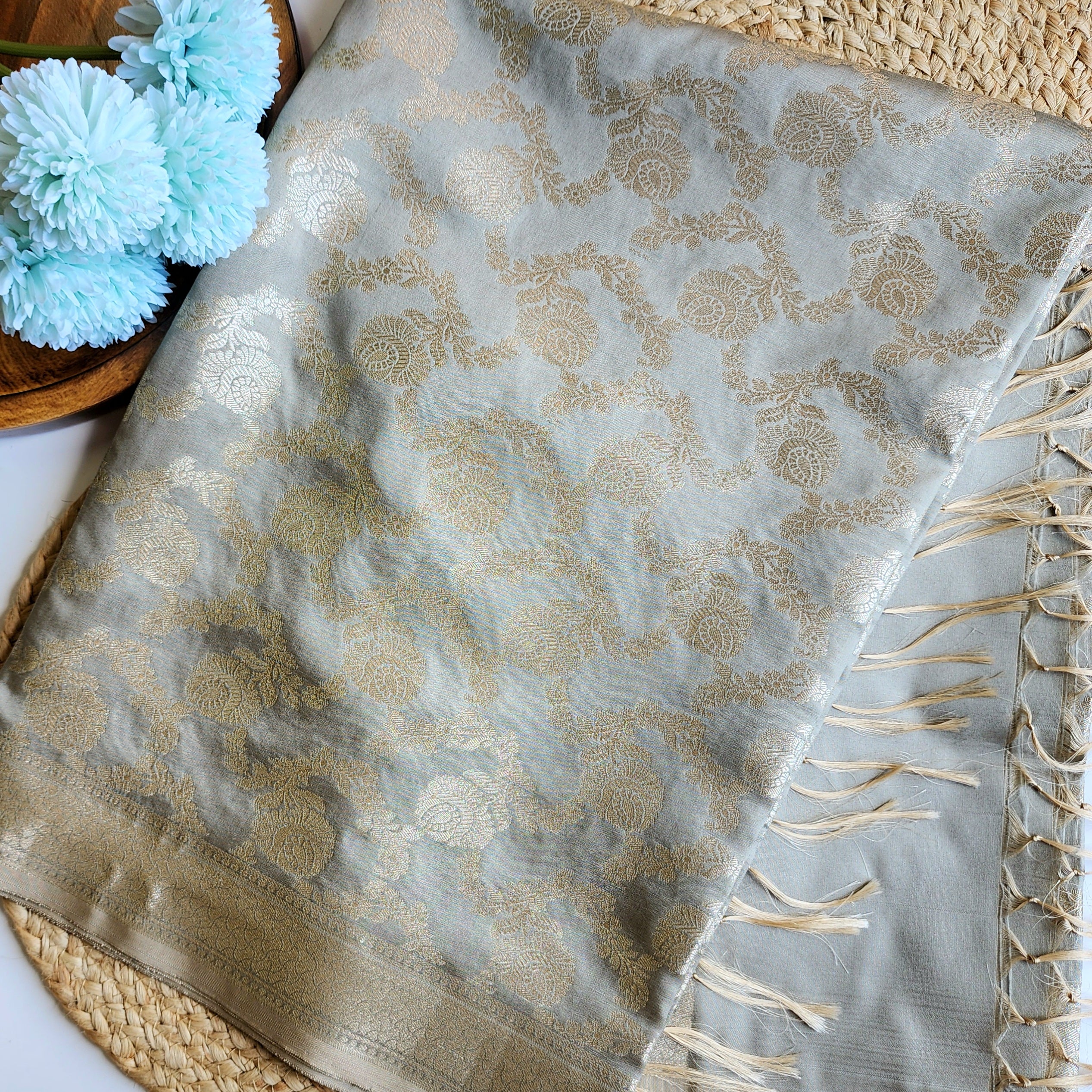 Platinum Grey Floral Jaal Dupatta with Mughal-Inspired Zari Border