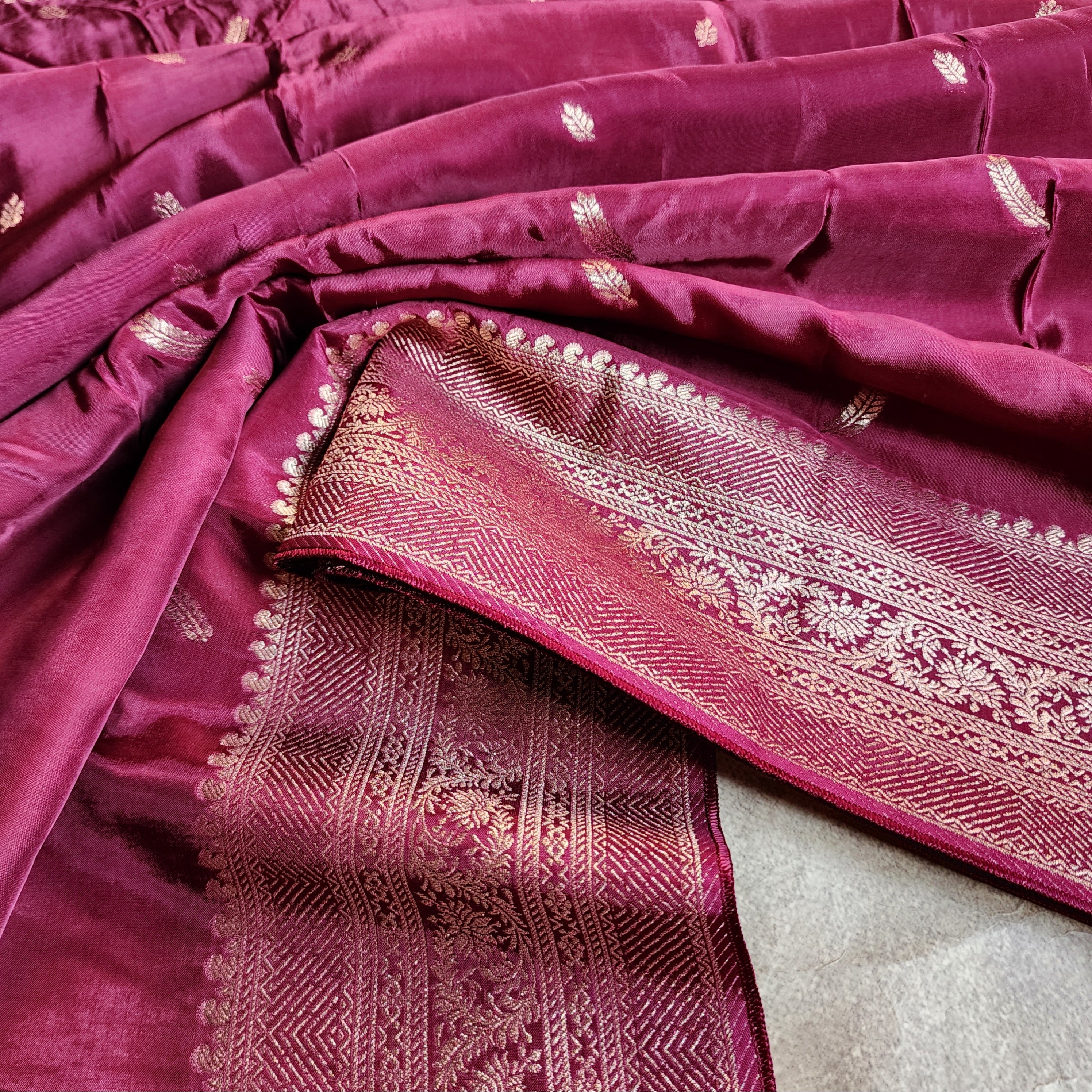 Wine Pure Crepe Silk Saree with Silver Zari Border