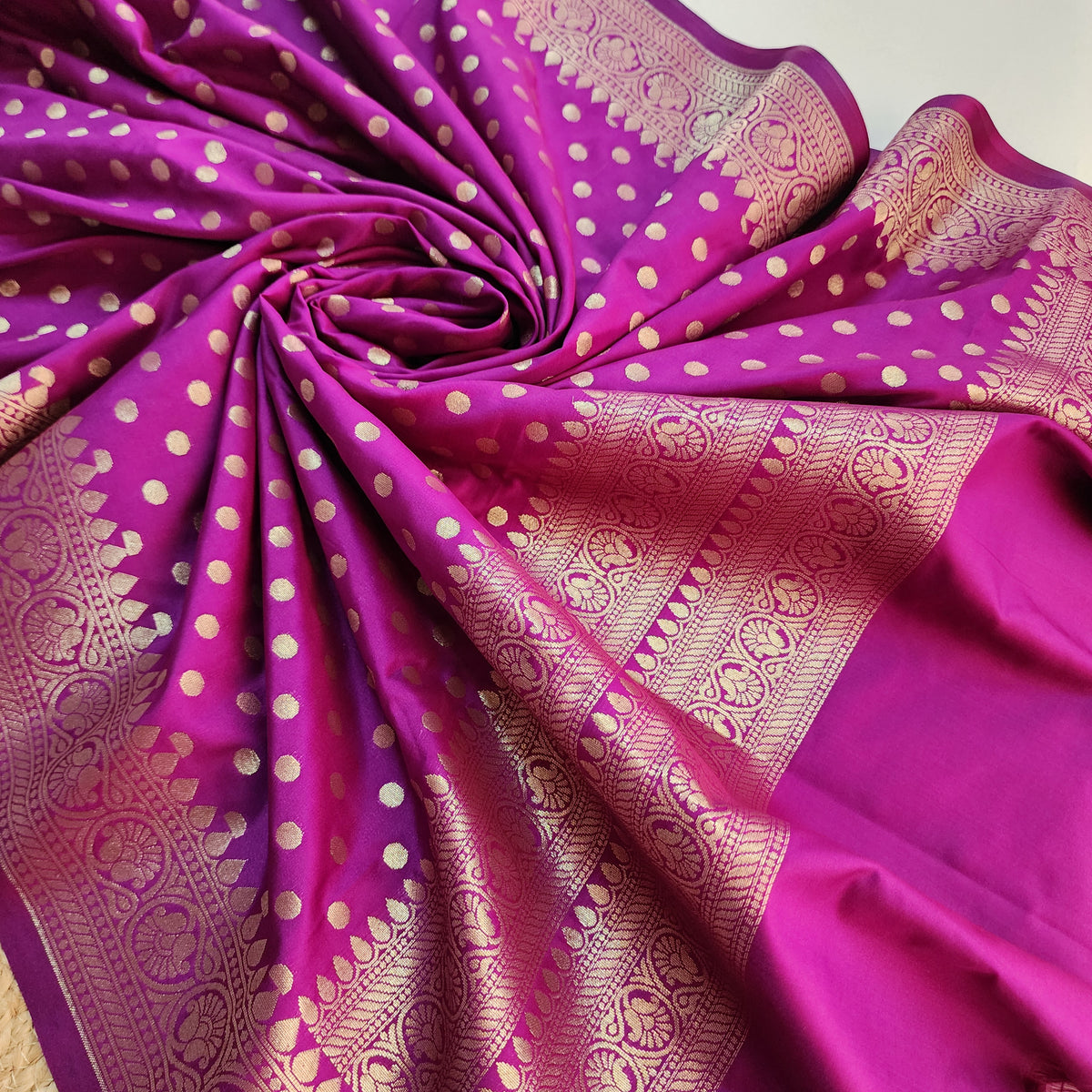Magenta Purple Banarasi Silk Dupatta with Gold Polka Dot
