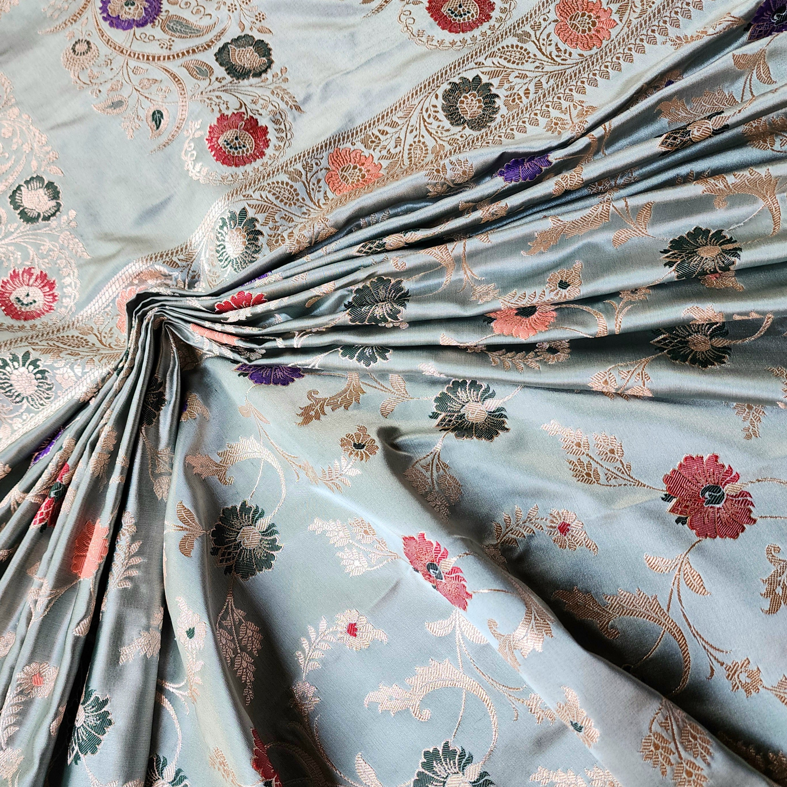 Enriched Banarasi Katan Silk Saree | Sea Green Multicolor Meenakari Floral Jaal