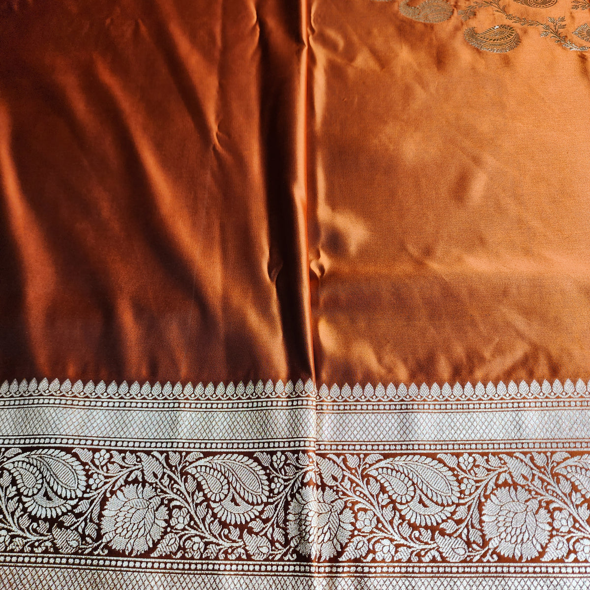 Rich Burnt Copper Pure Banarasi Katan Silk Saree with light Gold Zari Weaving