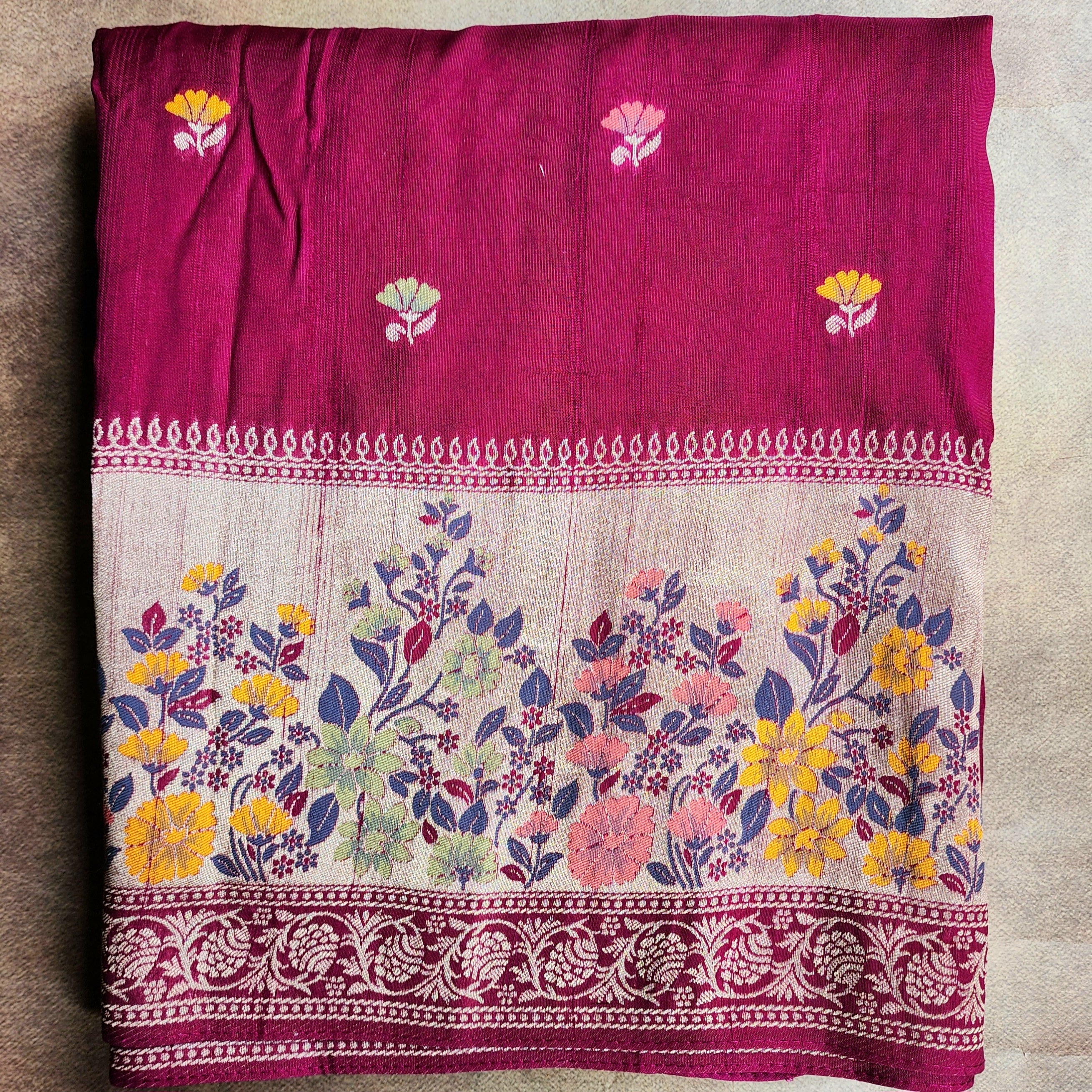 Soft Wine Raw Silk Saree With Pastel Floral Weaving and Off White Border