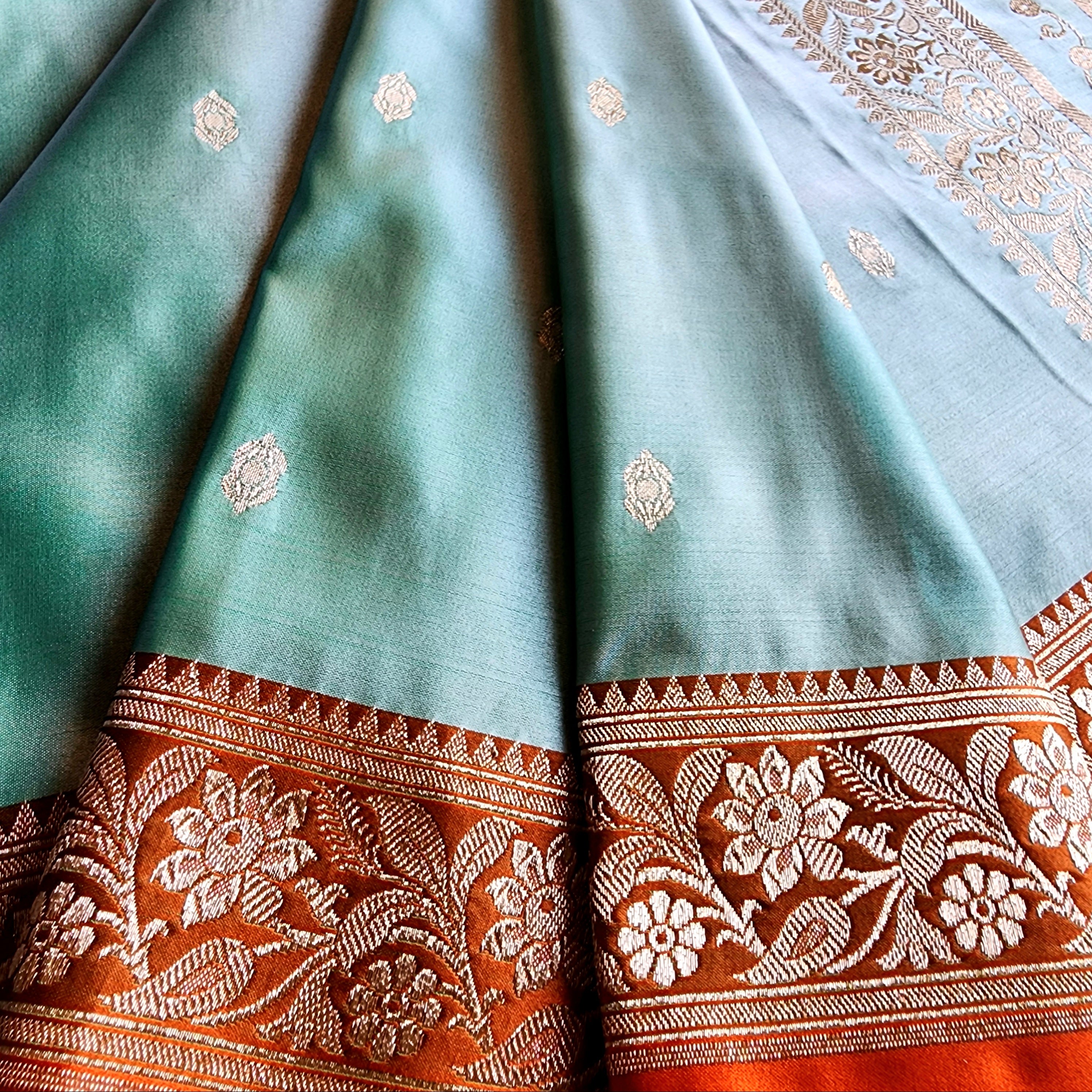 Aqua Katan Silk Saree with Rust and Gold Zari Border