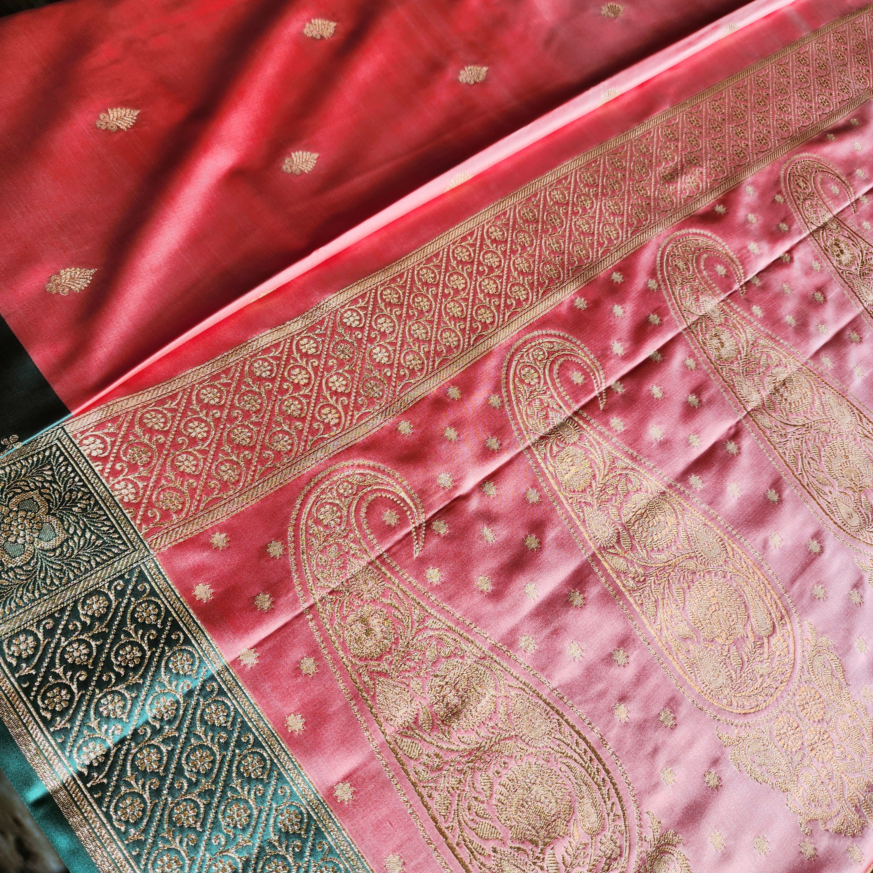 Rose Pink Katan Silk Saree with Teal Blue Gold Zari Border