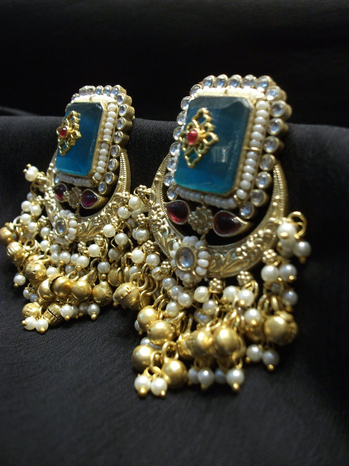 Antique Gold Kundan Style Teal Blue Earrings with Hanging Pearls