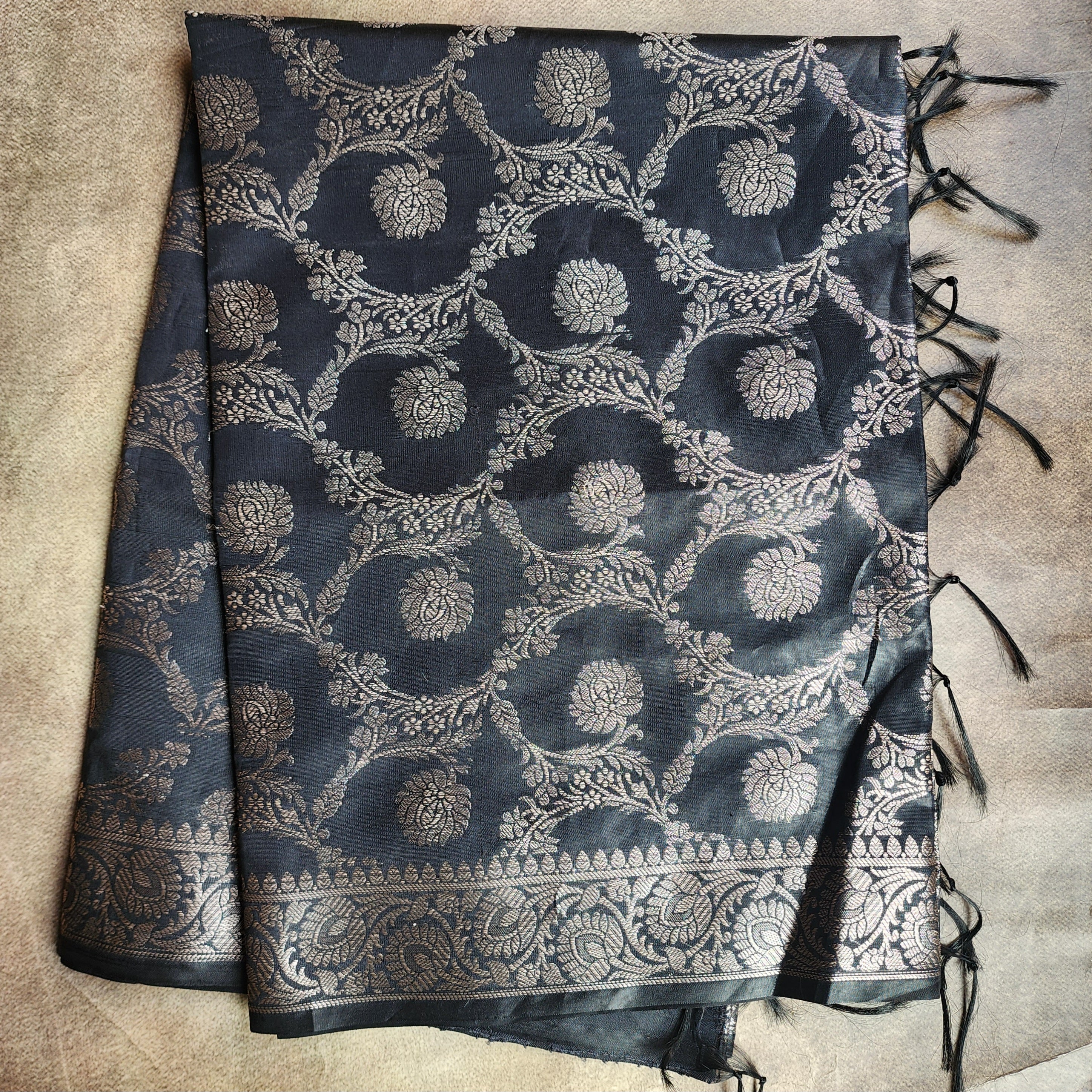 Black Semi Silk Zari Dupatta