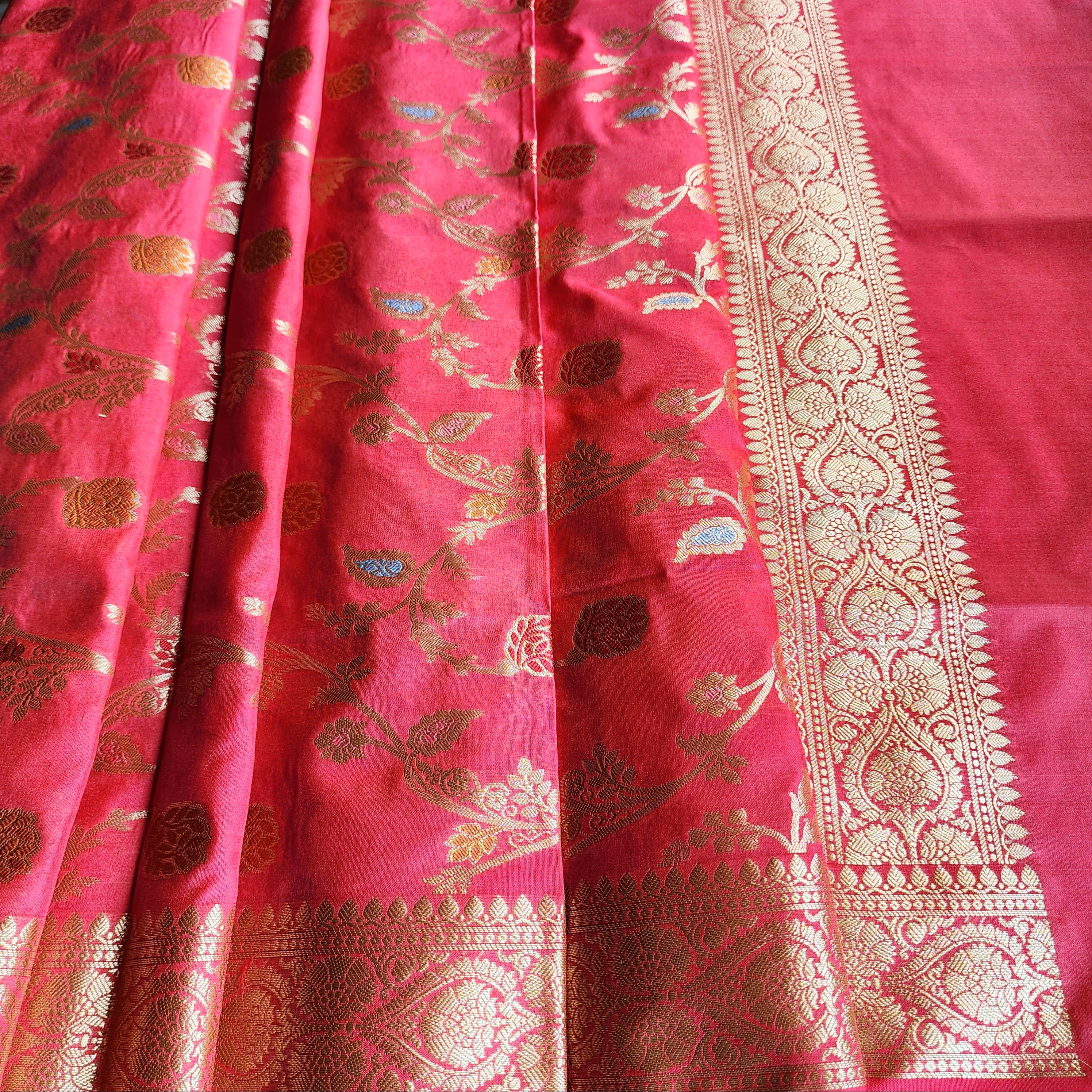 Rani Pink Banarasi Silk Dupatta with Gold Zari Border & Multicolor Meenakari Work