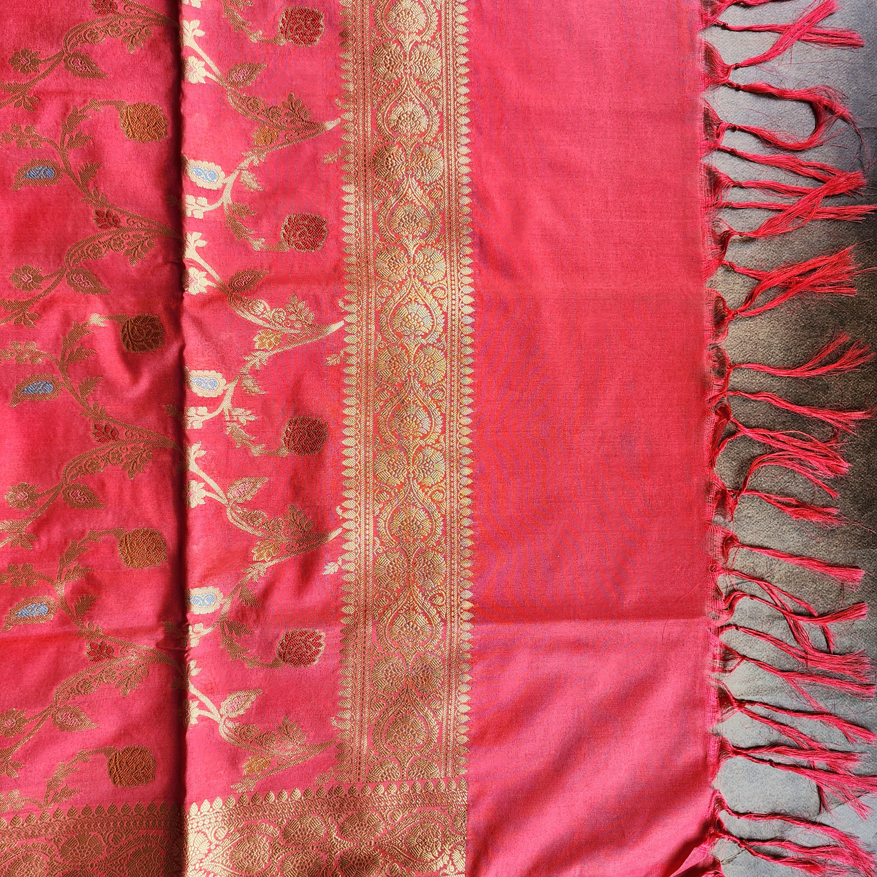 Rani Pink Banarasi Silk Dupatta with Gold Zari Border & Multicolor Meenakari Work