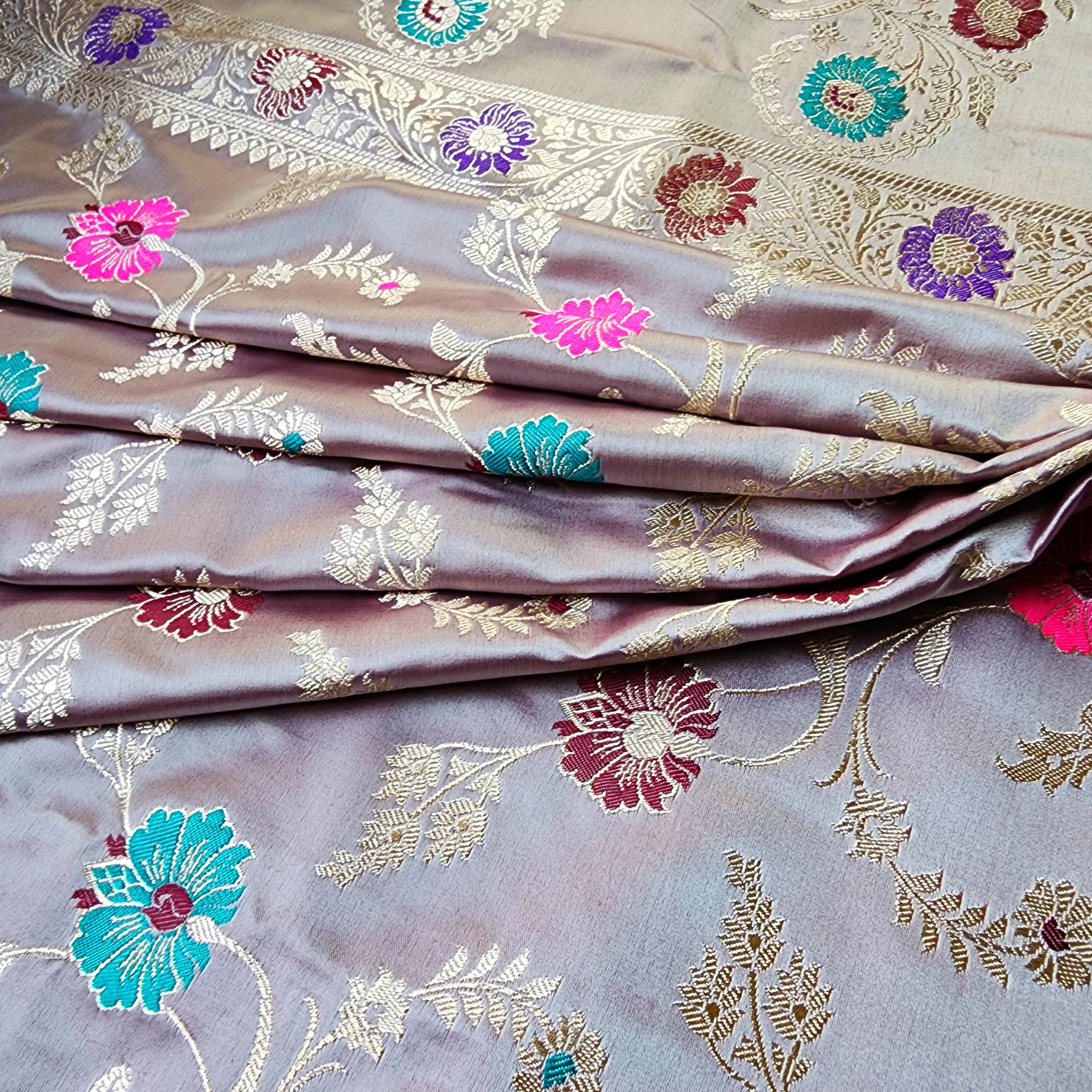 Enriched Banarasi Katan Silk Saree | Lavender Mist Multicolor Meenakari Floral Jaal