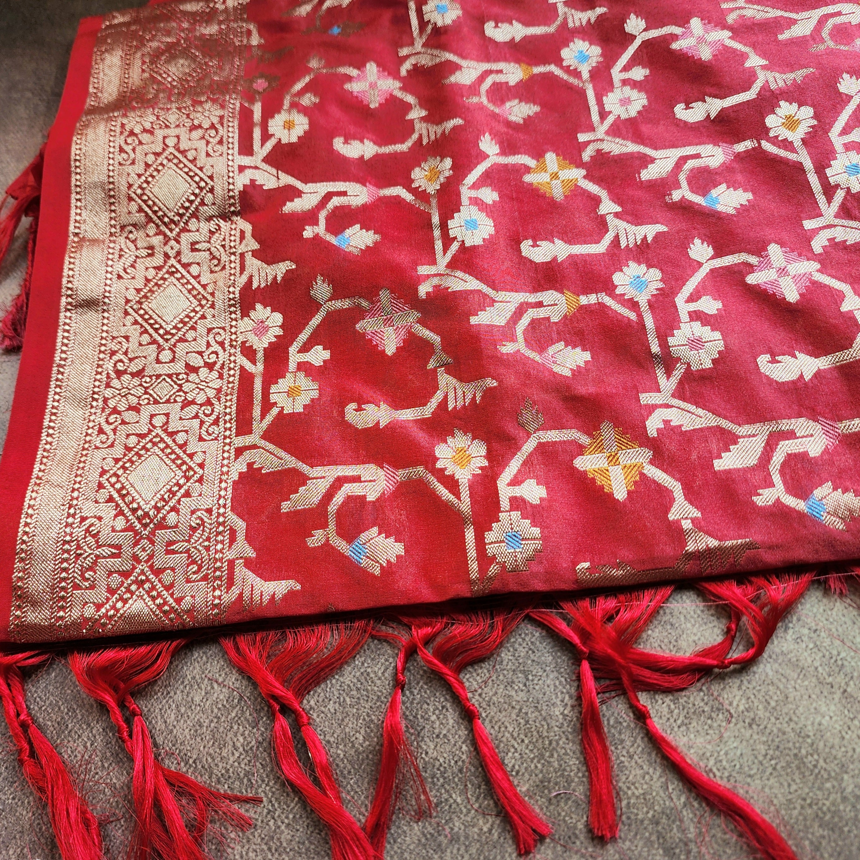 Golden Grid Banarasi Silk Dupatta with Meenakari Work in Brick Red