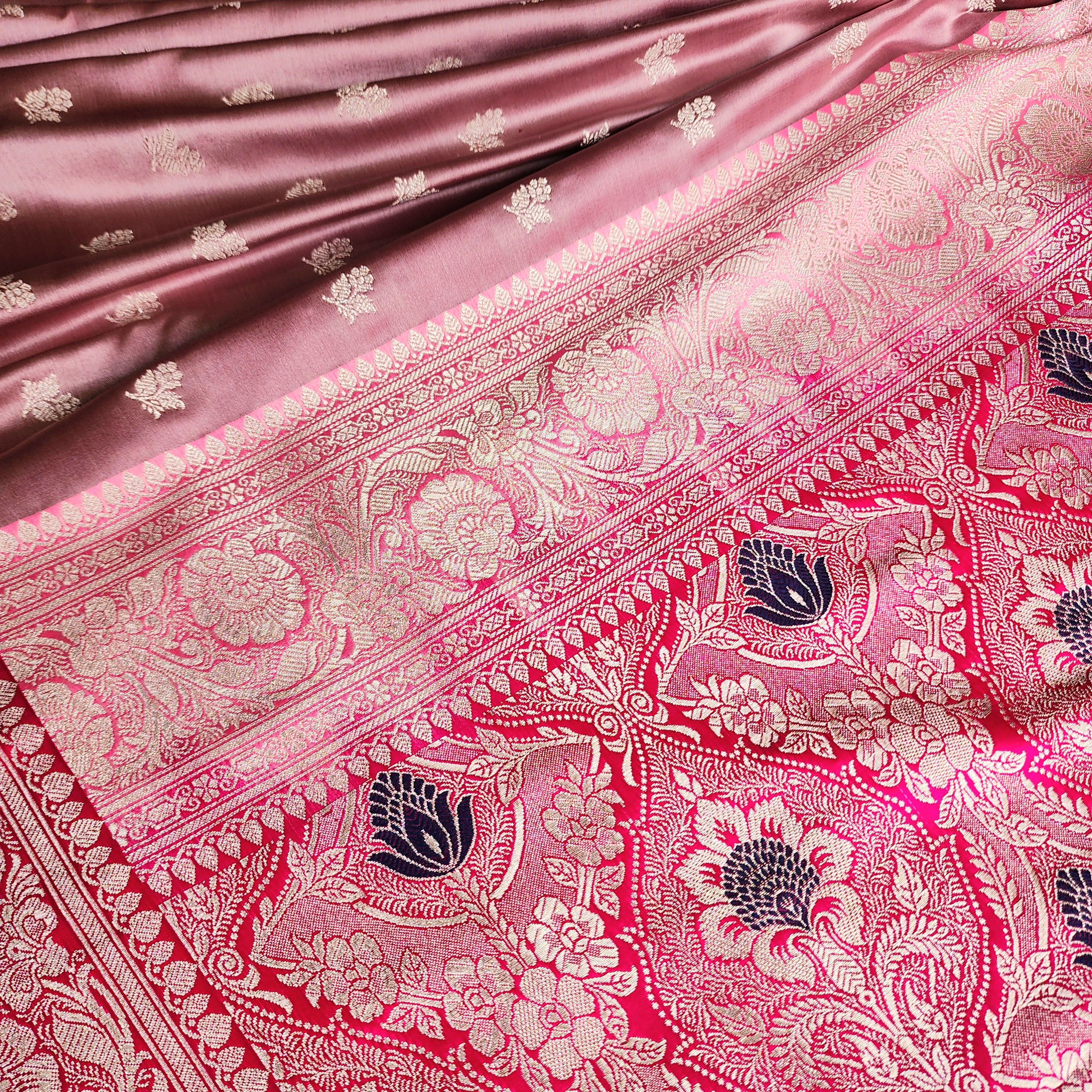 Dusty Mauve Pure Banarasi Katan Silk Saree with light Gold Zari Weaving