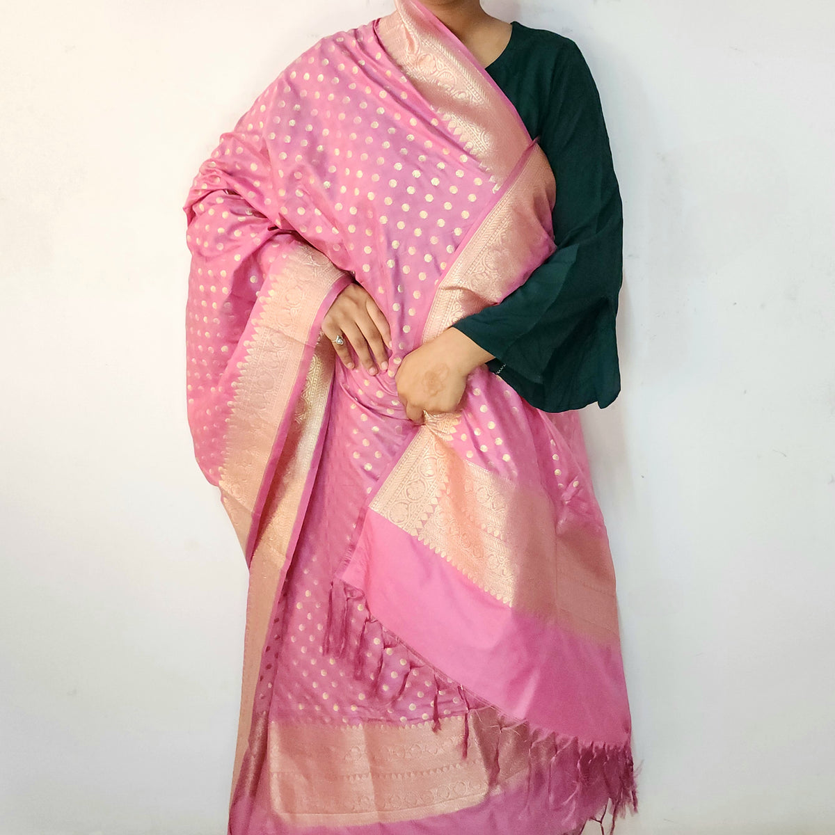 Dusty Rose Banarasi Silk Dupatta with Gold Polka Dot