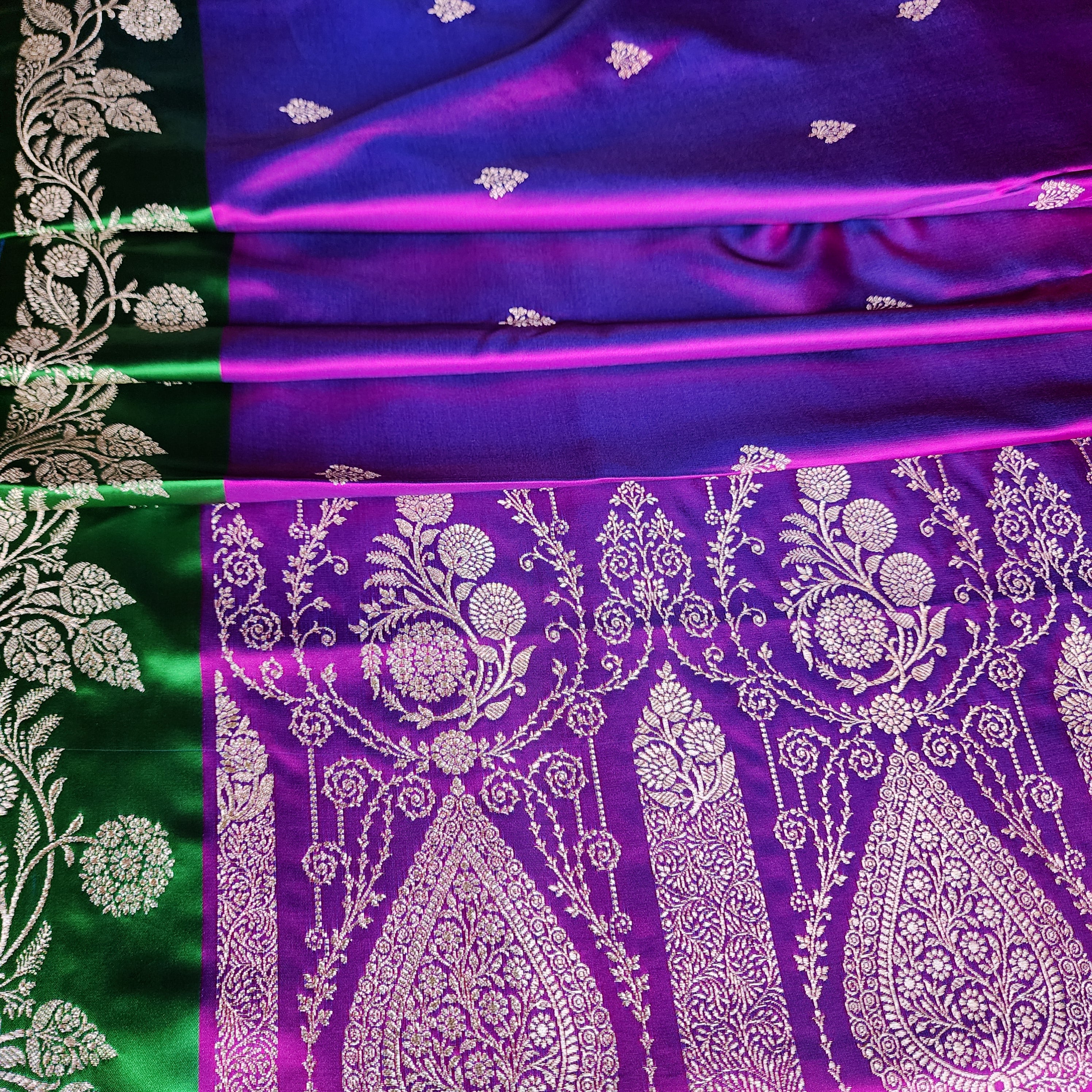Royal Purple Pure Banarasi Katan Silk Saree with Leaf Green Border
