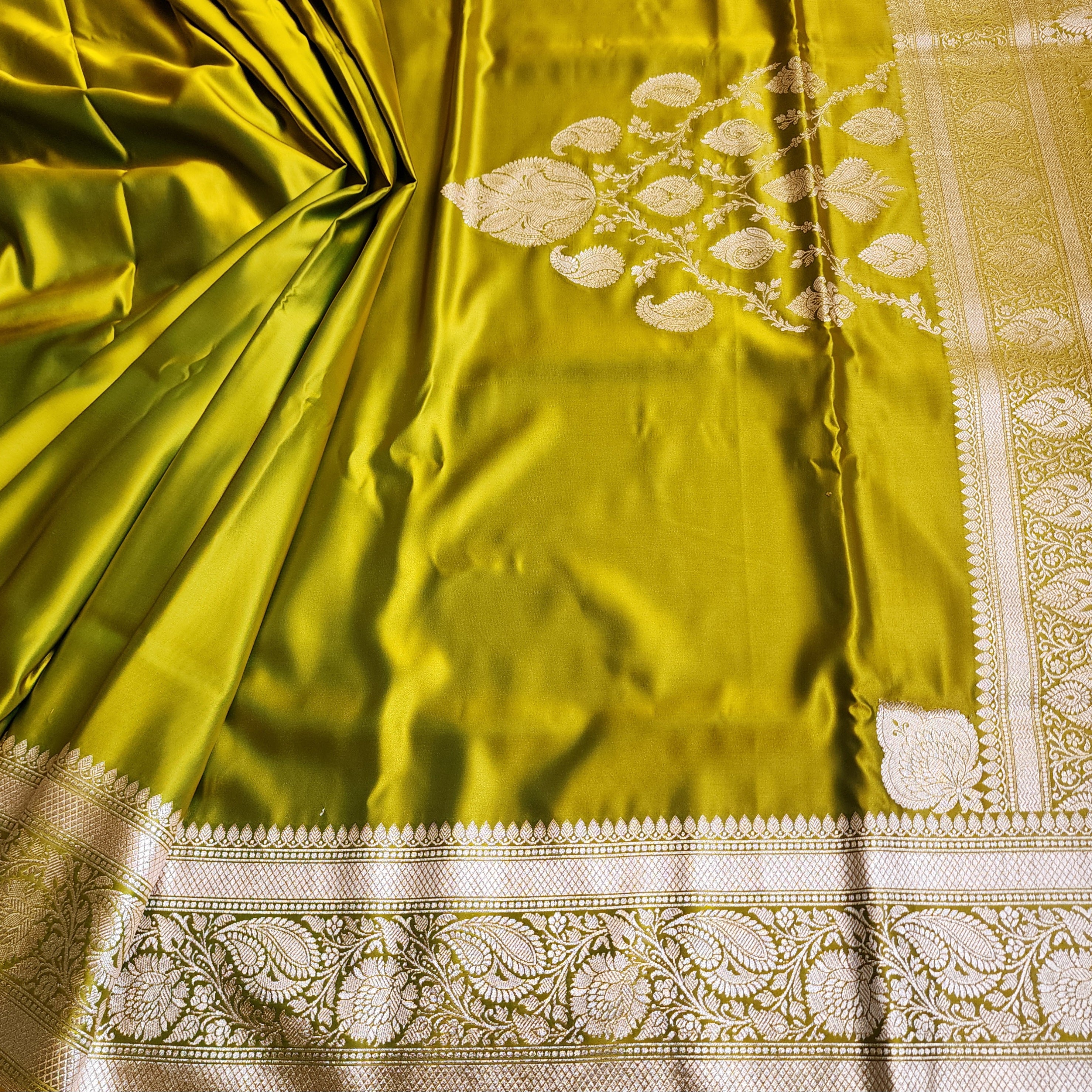 Olive Green Pure Banarasi Katan Silk Saree with light Gold Zari Weaving