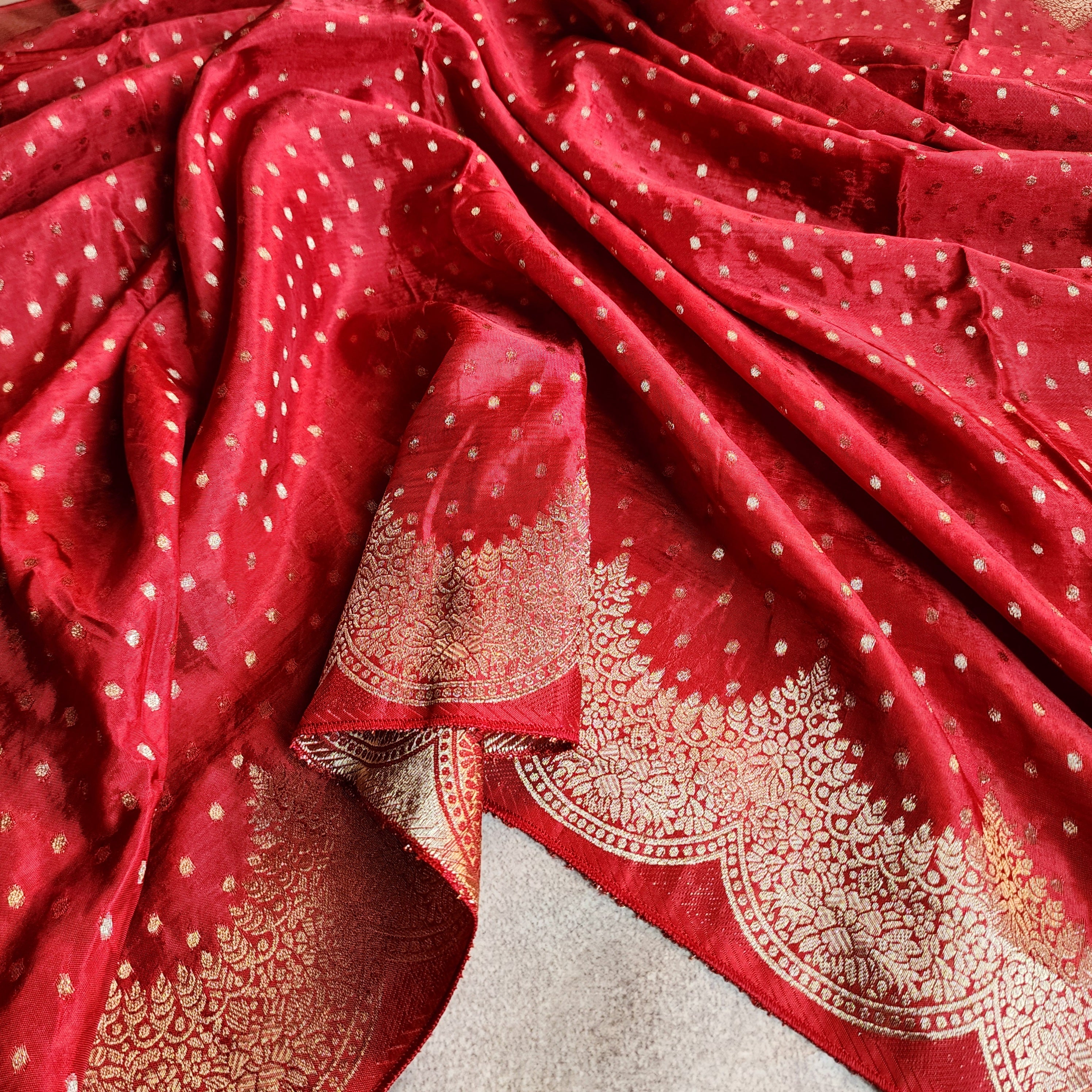 Deep Red Muslin Silk Saree with Cream Border