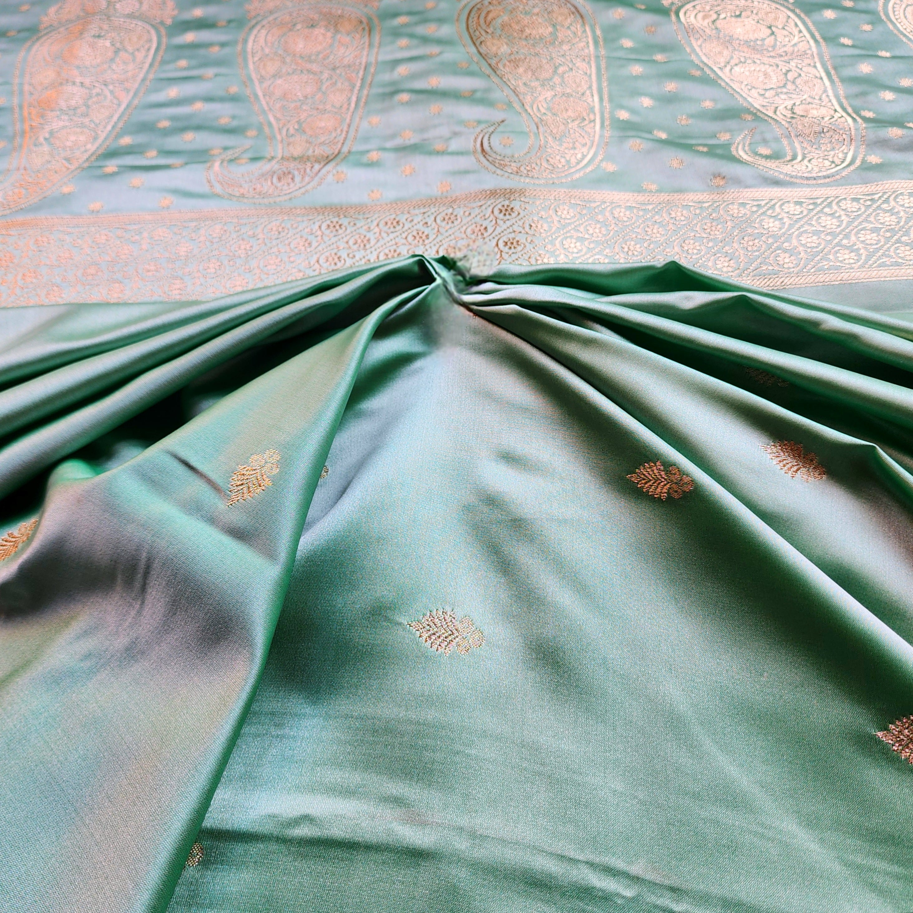 Sea Green Katan Silk Saree with Peacock Green Gold Zari Border