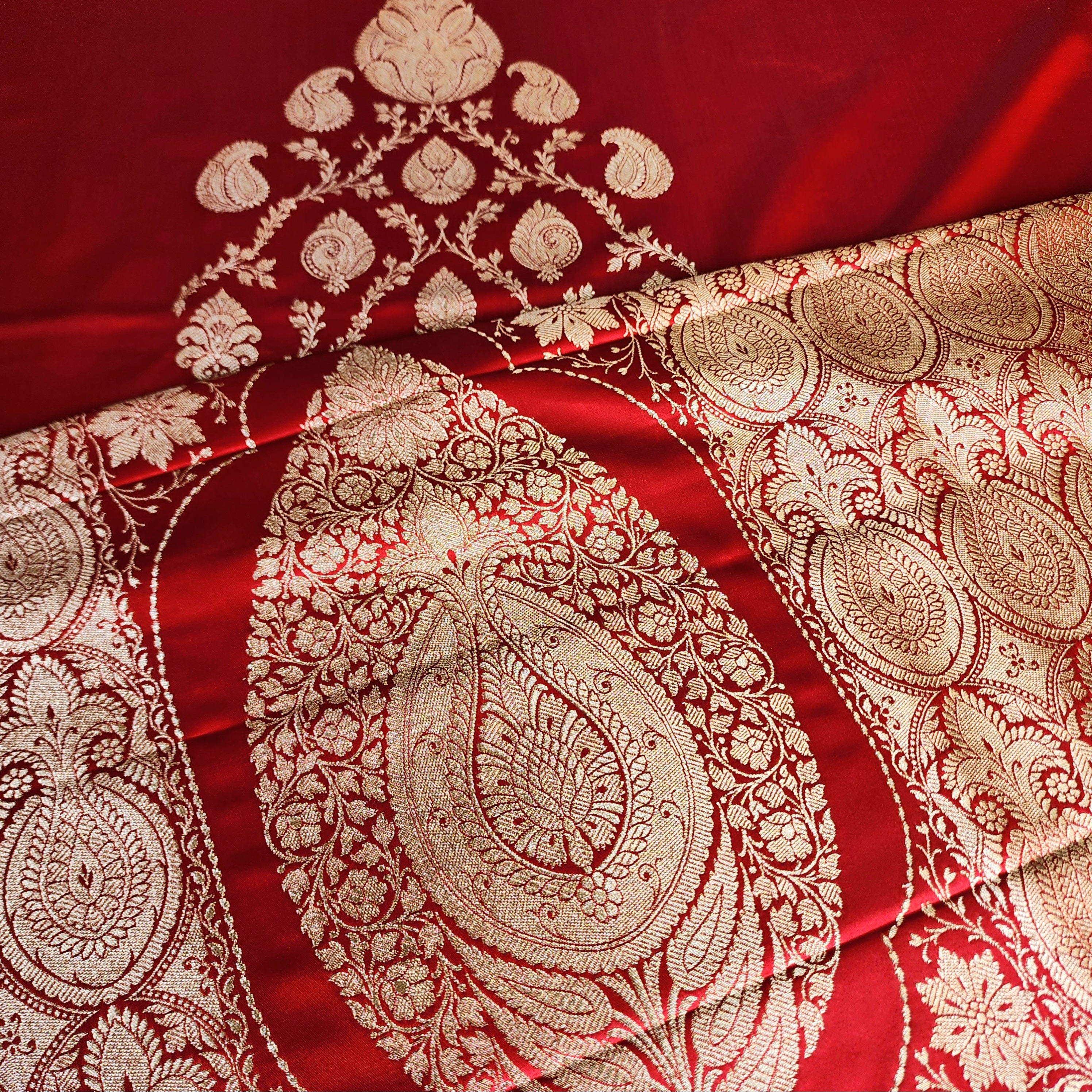 Rich Ruby Red Pure Banarasi Katan Silk Saree with light Gold Zari Weaving
