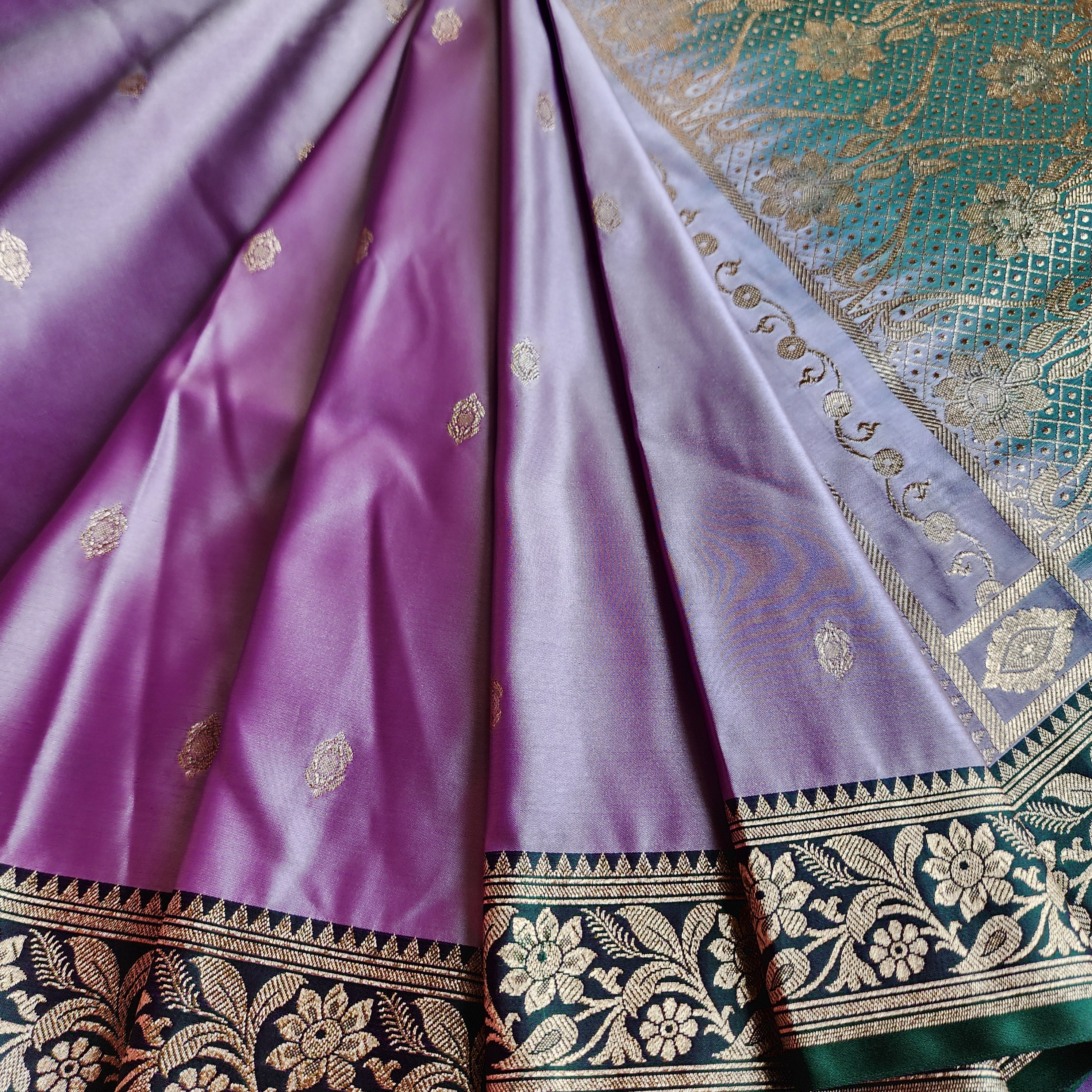 Lavender Katan Silk Saree with Emerald Green and Gold Zari Border