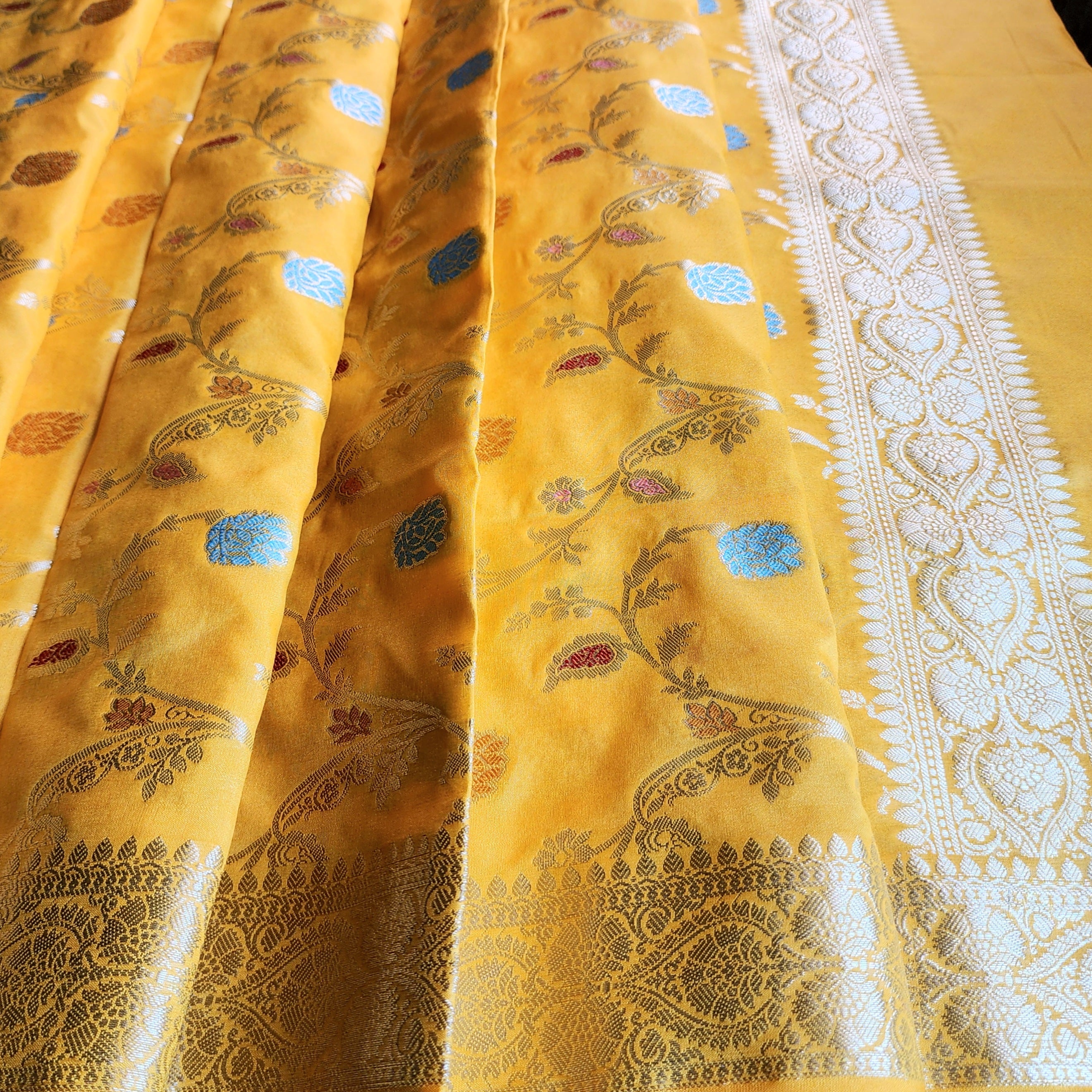 Mustard Yellow Banarasi Silk Dupatta with Gold Zari Border & Multicolor Meenakari Work