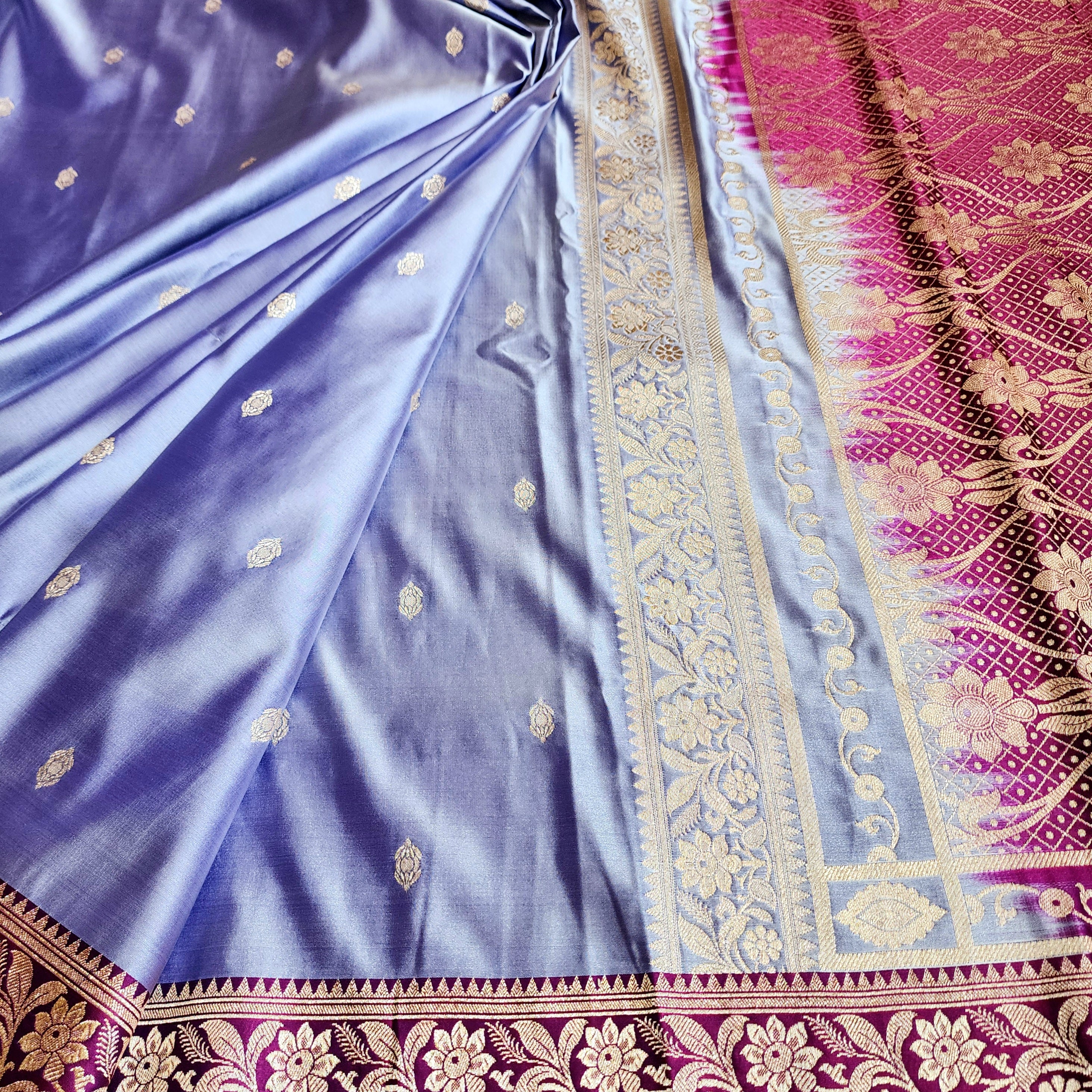Periwinkle Katan Silk Saree with Magenta and Gold Zari Border