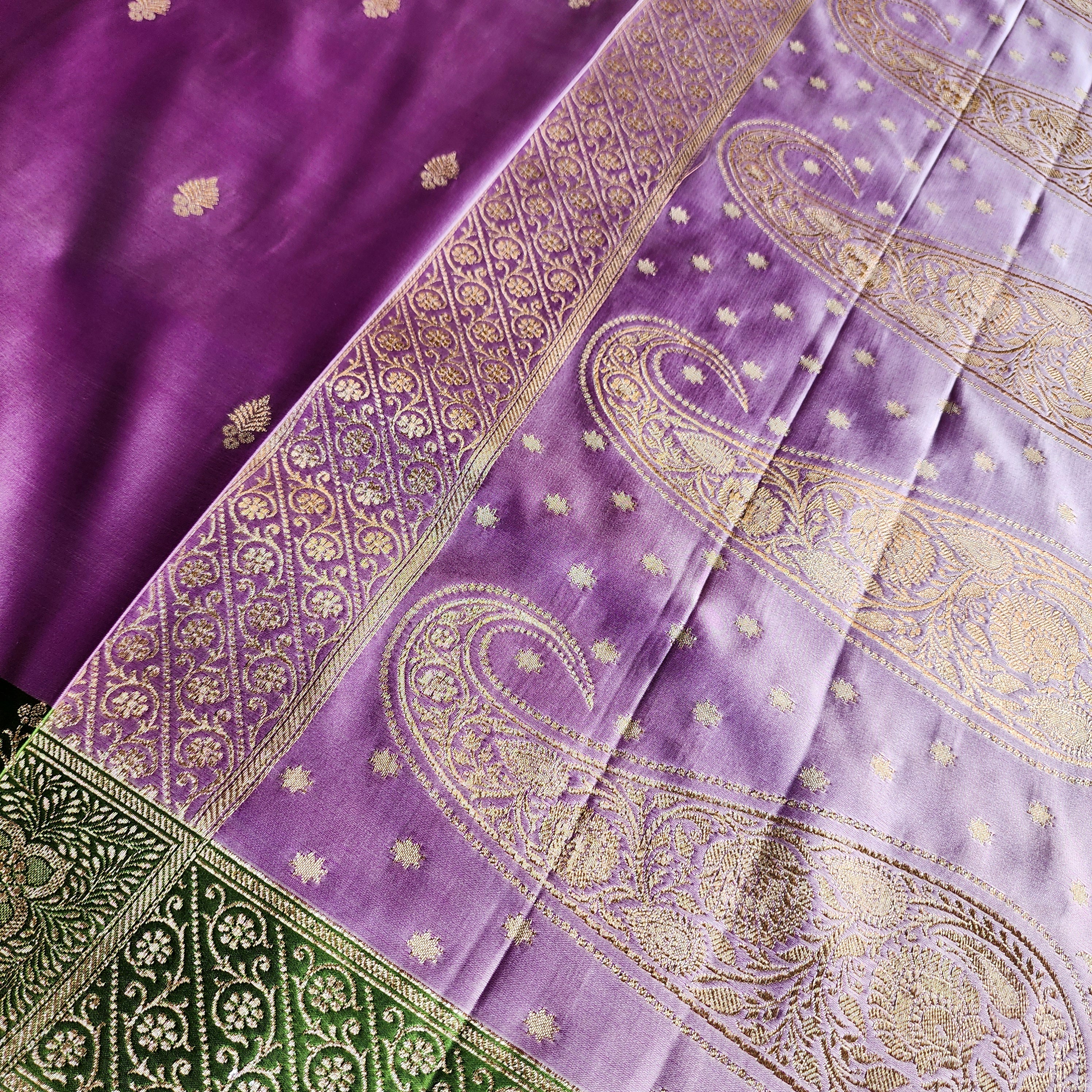 Lavender Katan Silk Saree with Parrot Green Gold Zari Border