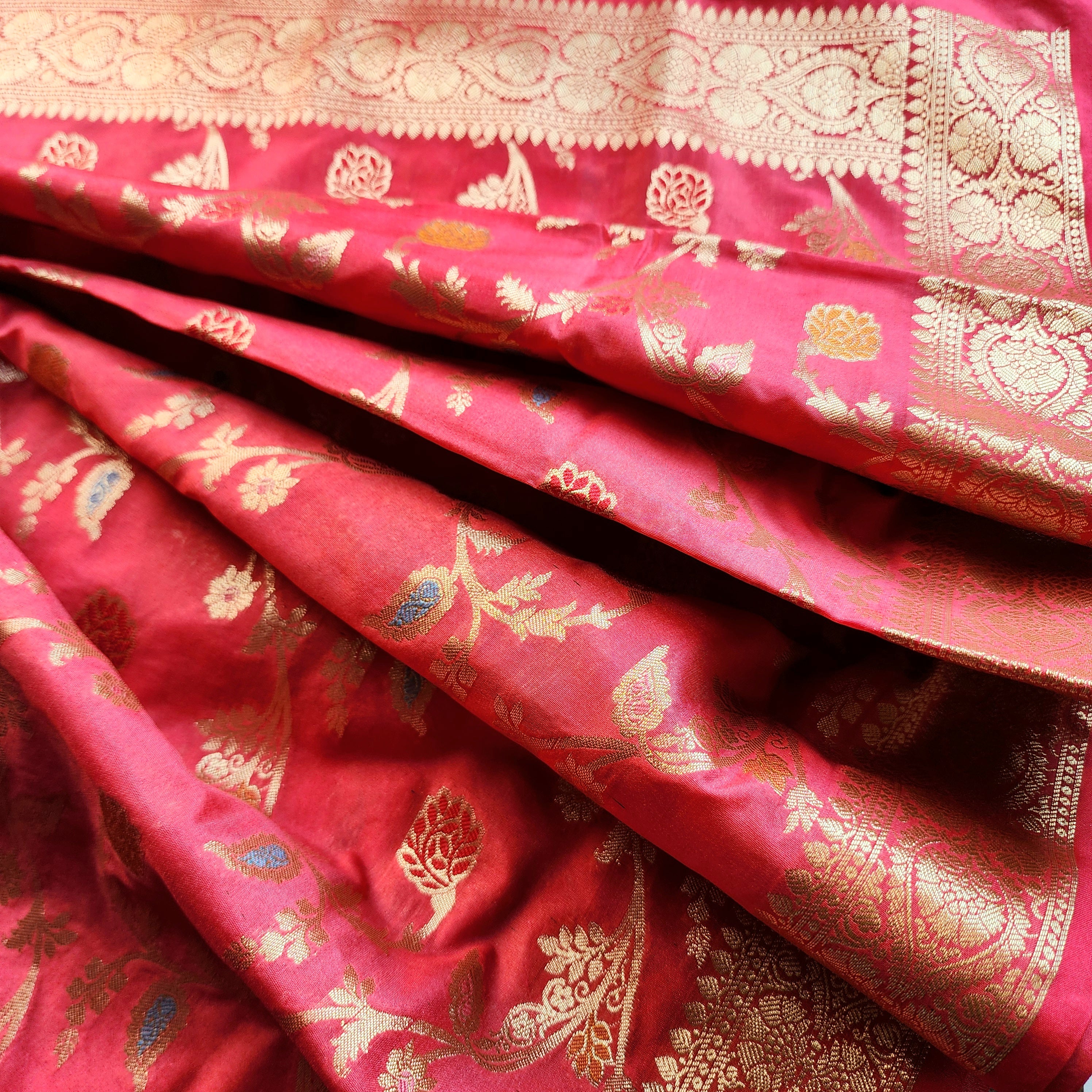 Rani Pink Banarasi Silk Dupatta with Gold Zari Border & Multicolor Meenakari Work