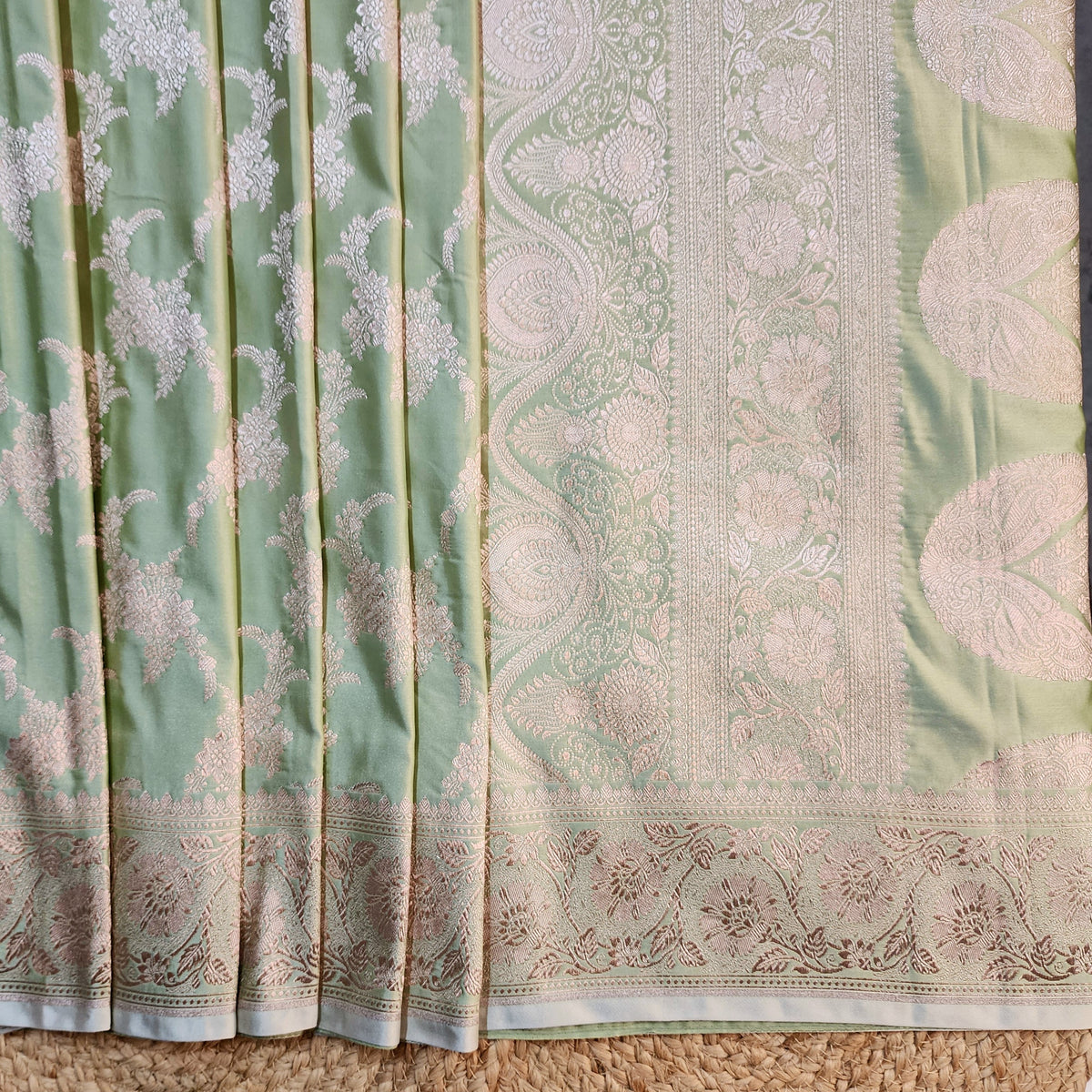 Olive Green Banarasi Katan Silk Saree with Floral Vine Jaal
