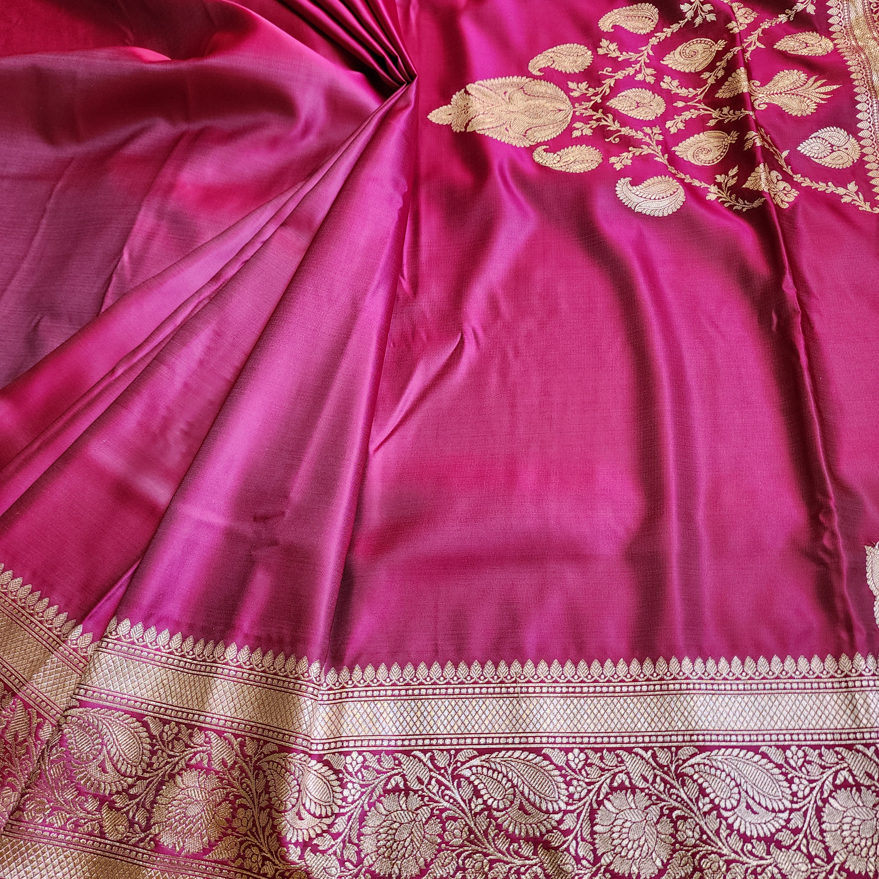 Hot Pink Pure Banarasi Katan Silk Saree with light Gold Zari Weaving